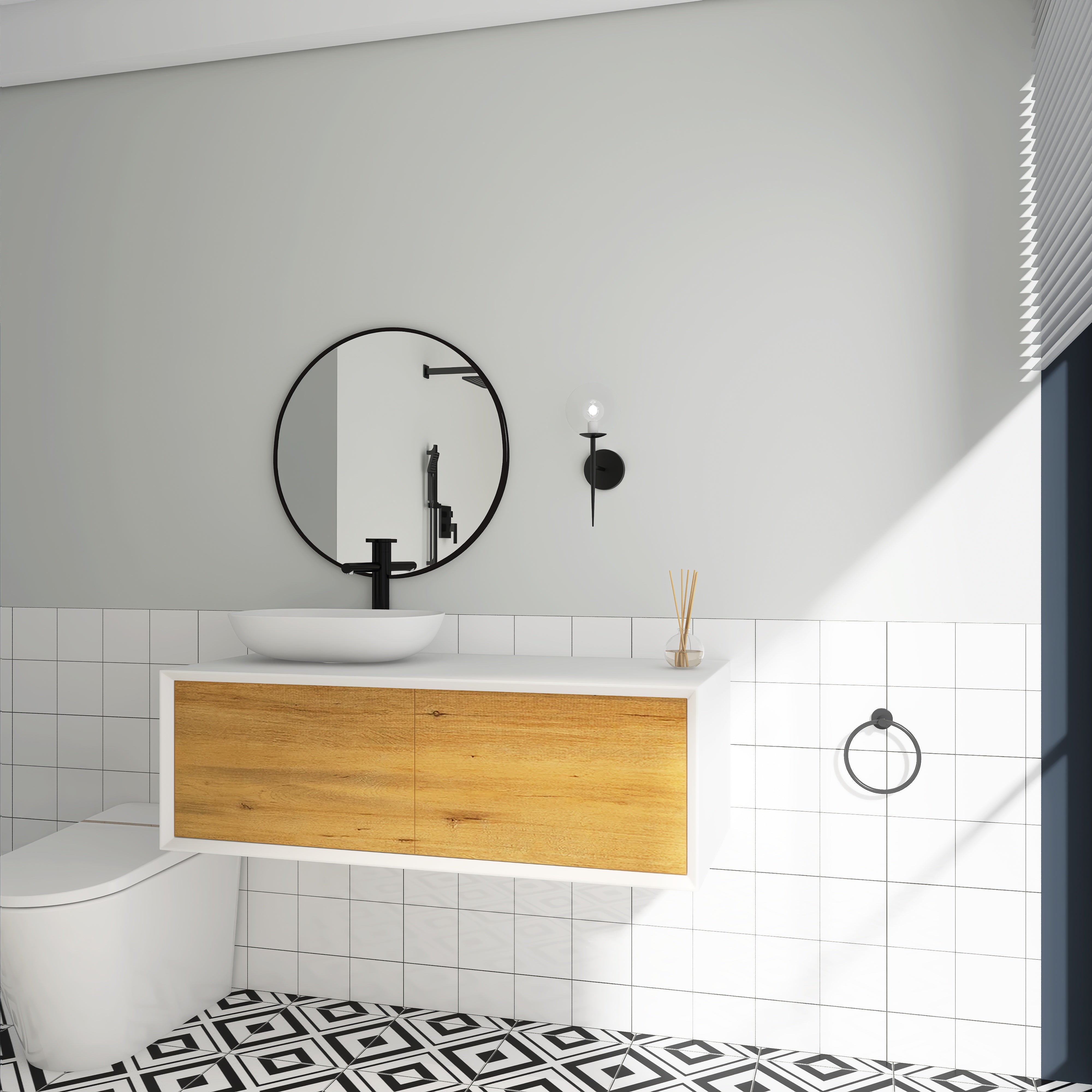 48 in. Wall Mounted Bathroom Vanity Set with White Solid Surface Top and Vessel Sink