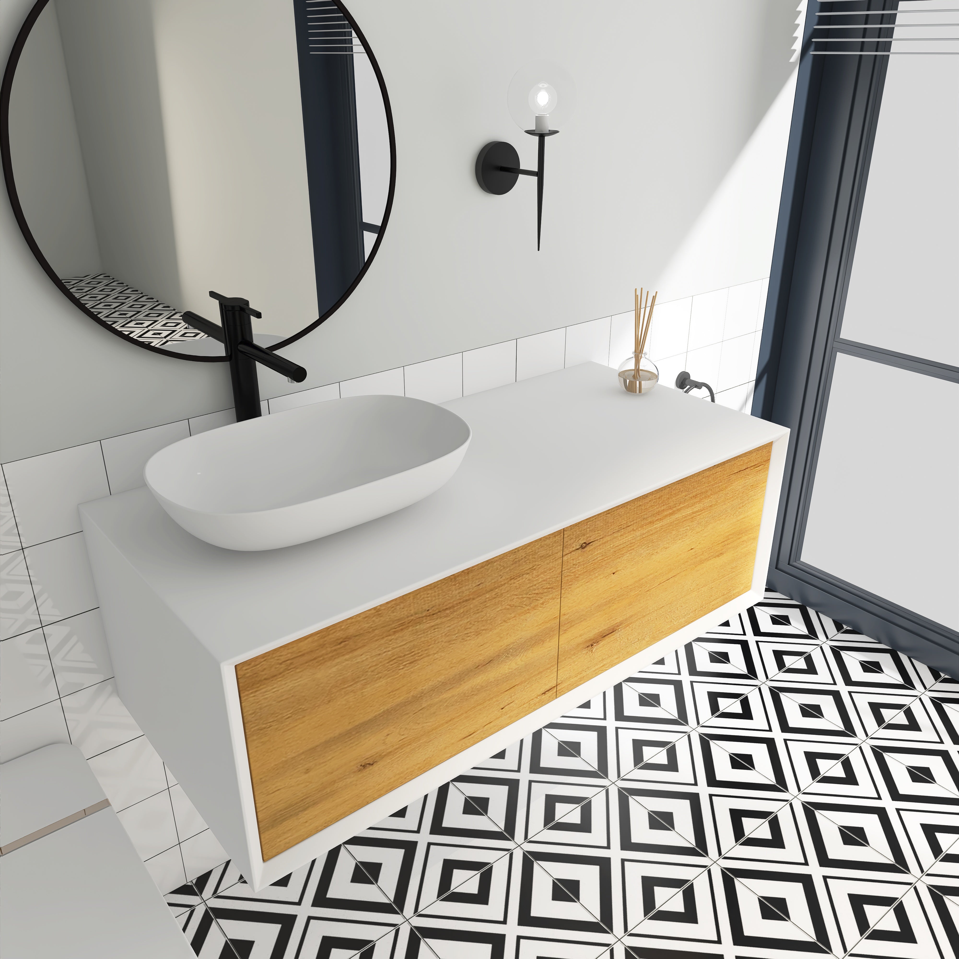 48 in. Wall Mounted Bathroom Vanity Set with White Solid Surface Top and Vessel Sink