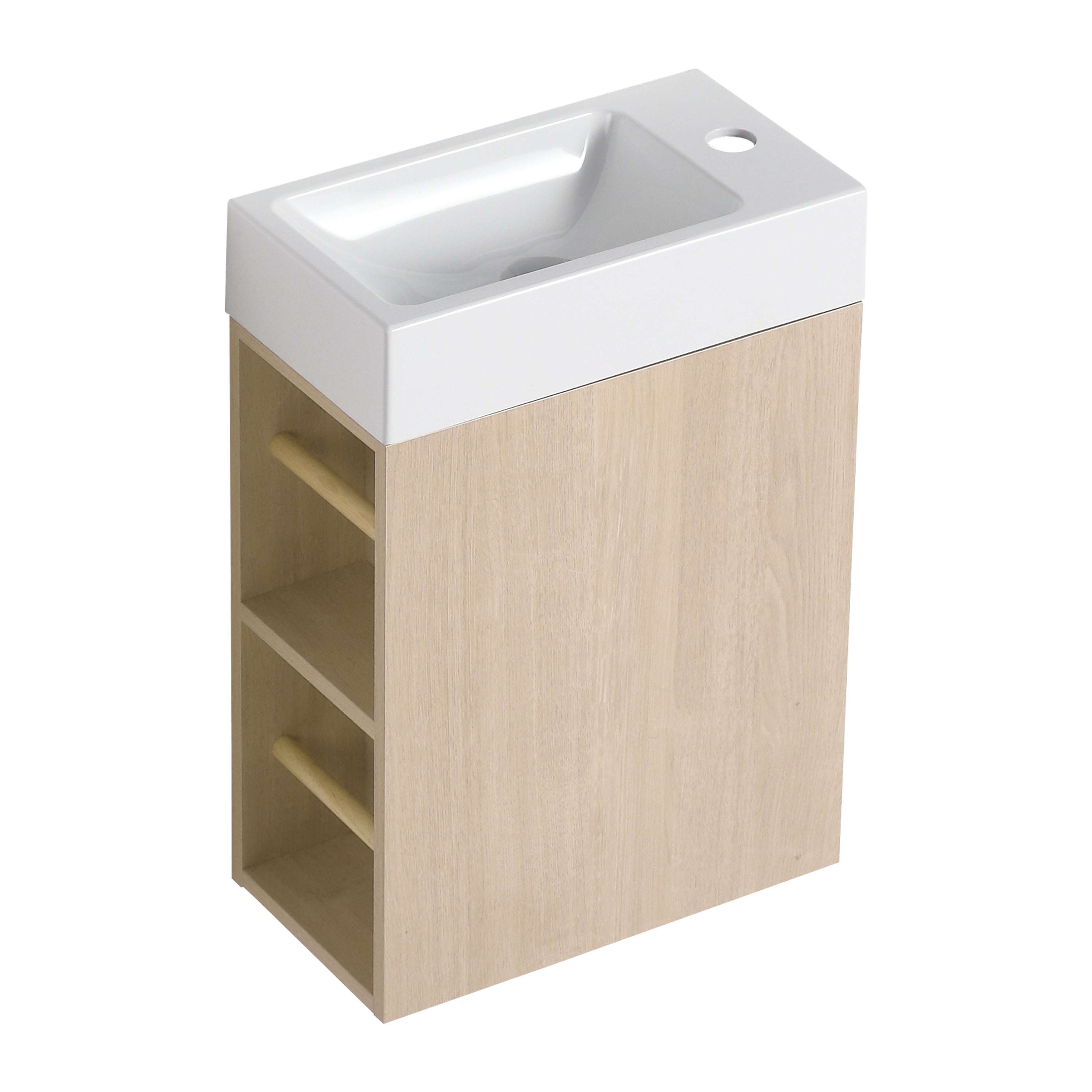 16 inch Plywood Wall Mounted Bathroom Vanity in Plain Light Oak with Integrated Resin Sink with Drain