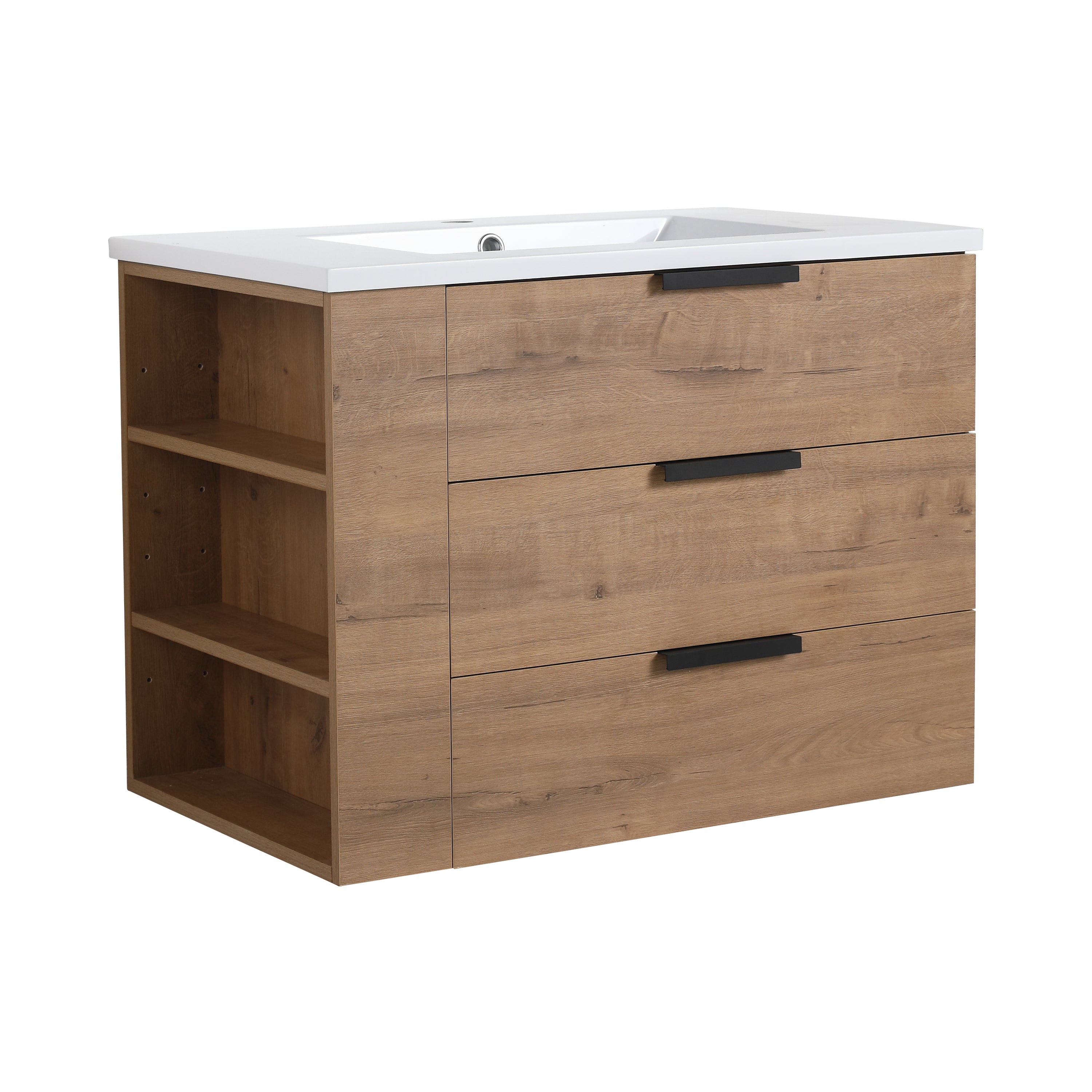 30 Inch Wall Mounting Bathroom Vanity with Cultured Marble Sink with Soft Close Drawer and Side Shelf