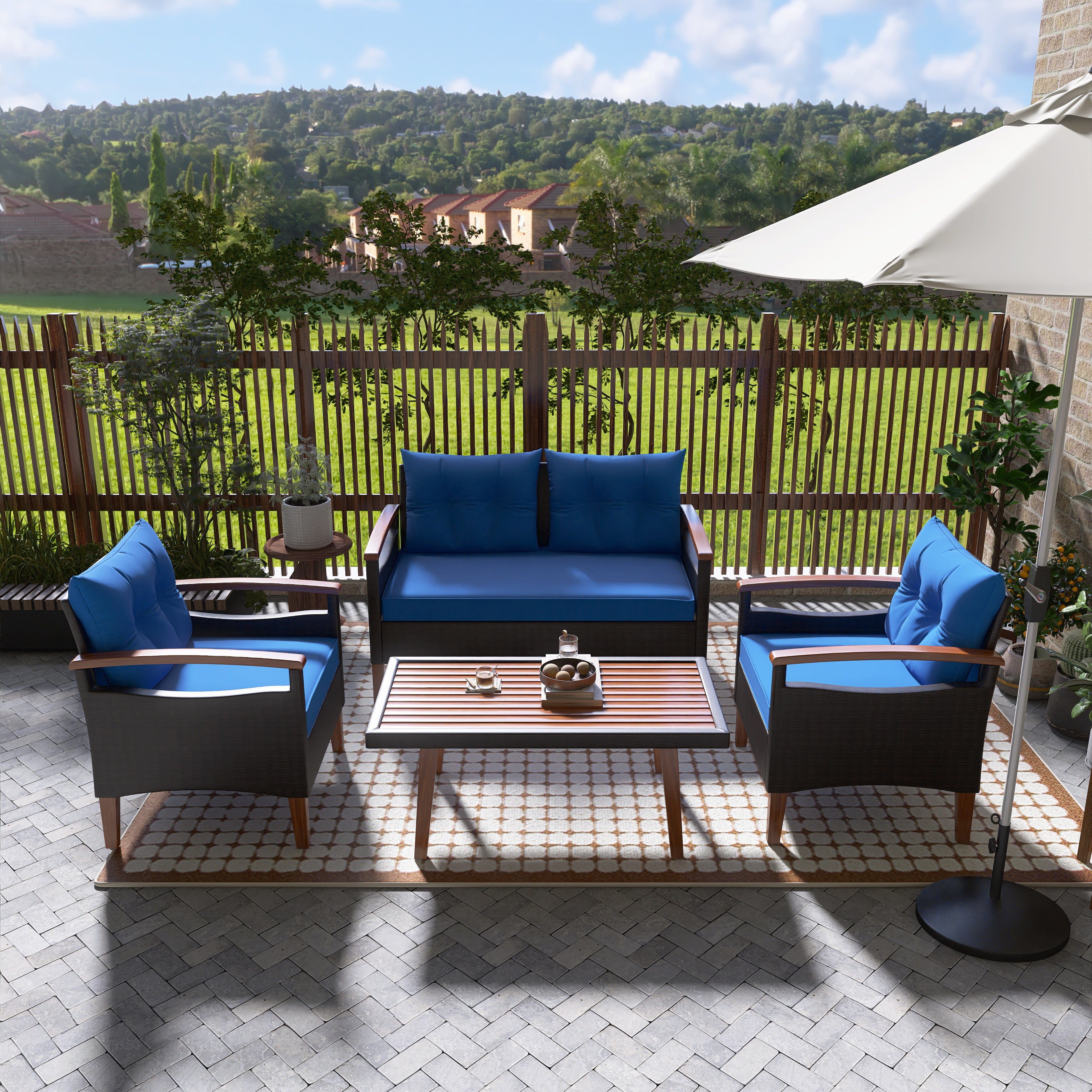 4-Piece PE Rattan Outdoor Sofa Set with Cushions, Wood Table and Legs BOGOPS13BL