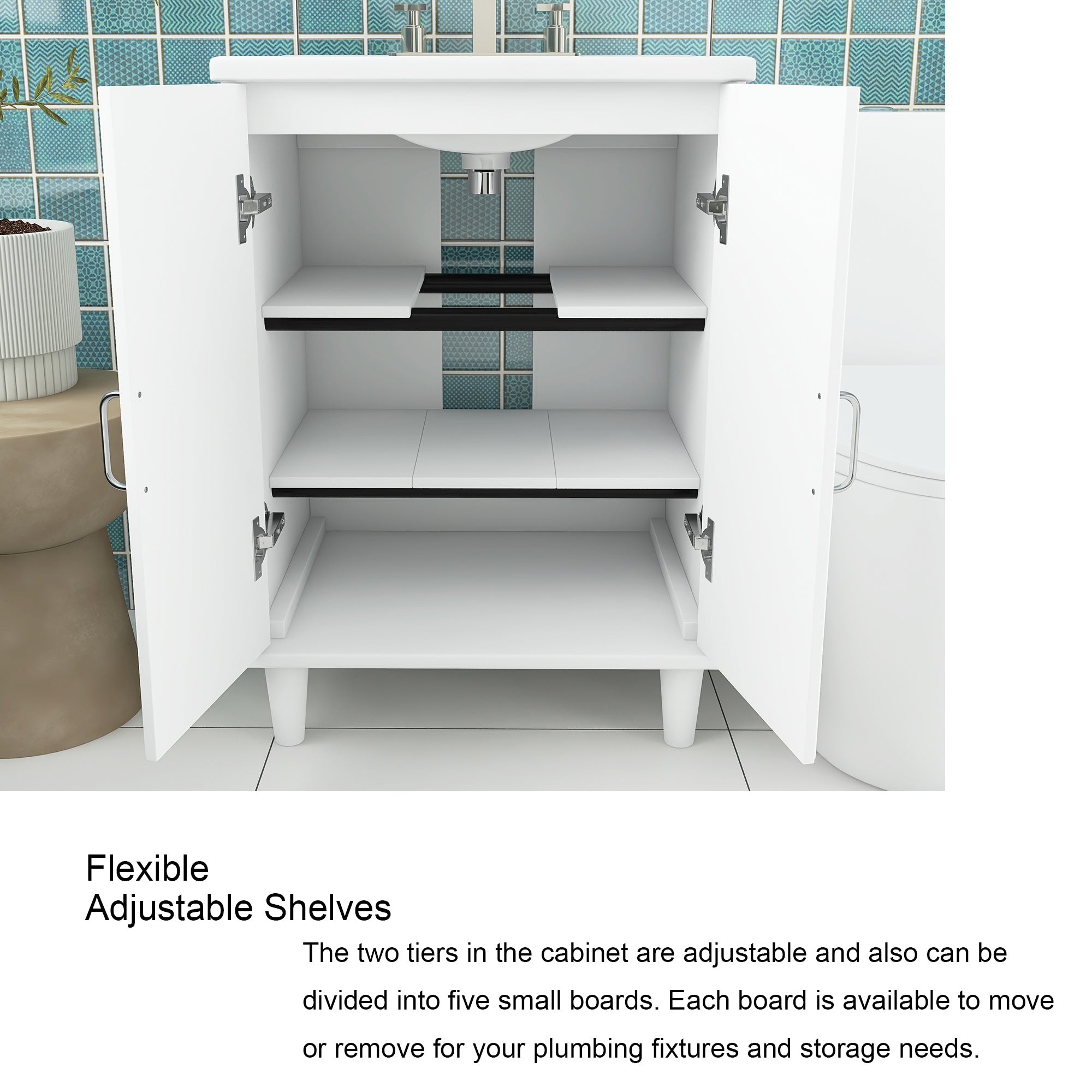 24" Freestanding Solid Wood and MDF Bathroom Vanity Set with Two Doors and Adjustable Shelves