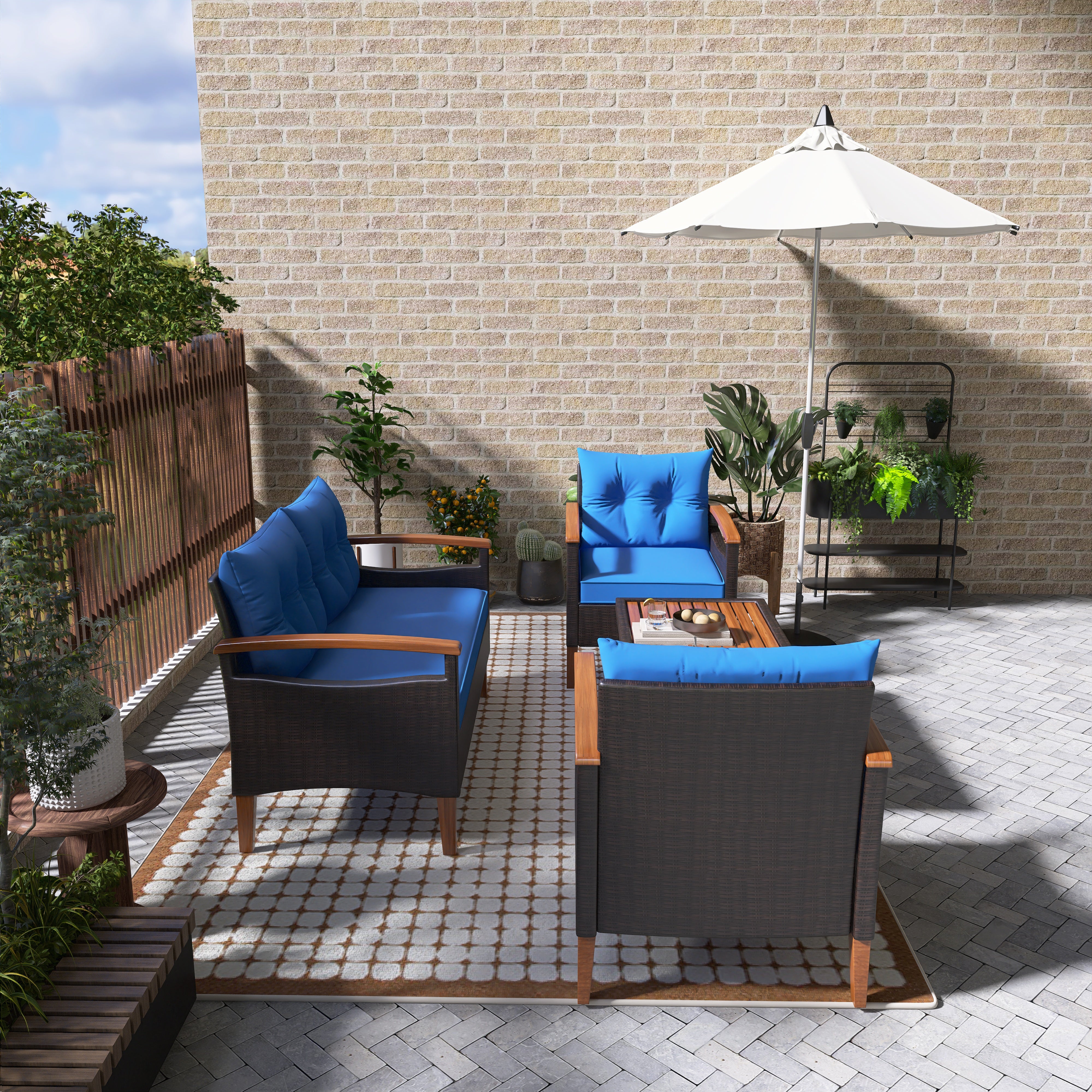 4-Piece PE Rattan Outdoor Sofa Set with Cushions, Wood Table and Legs BOGOPS13BL