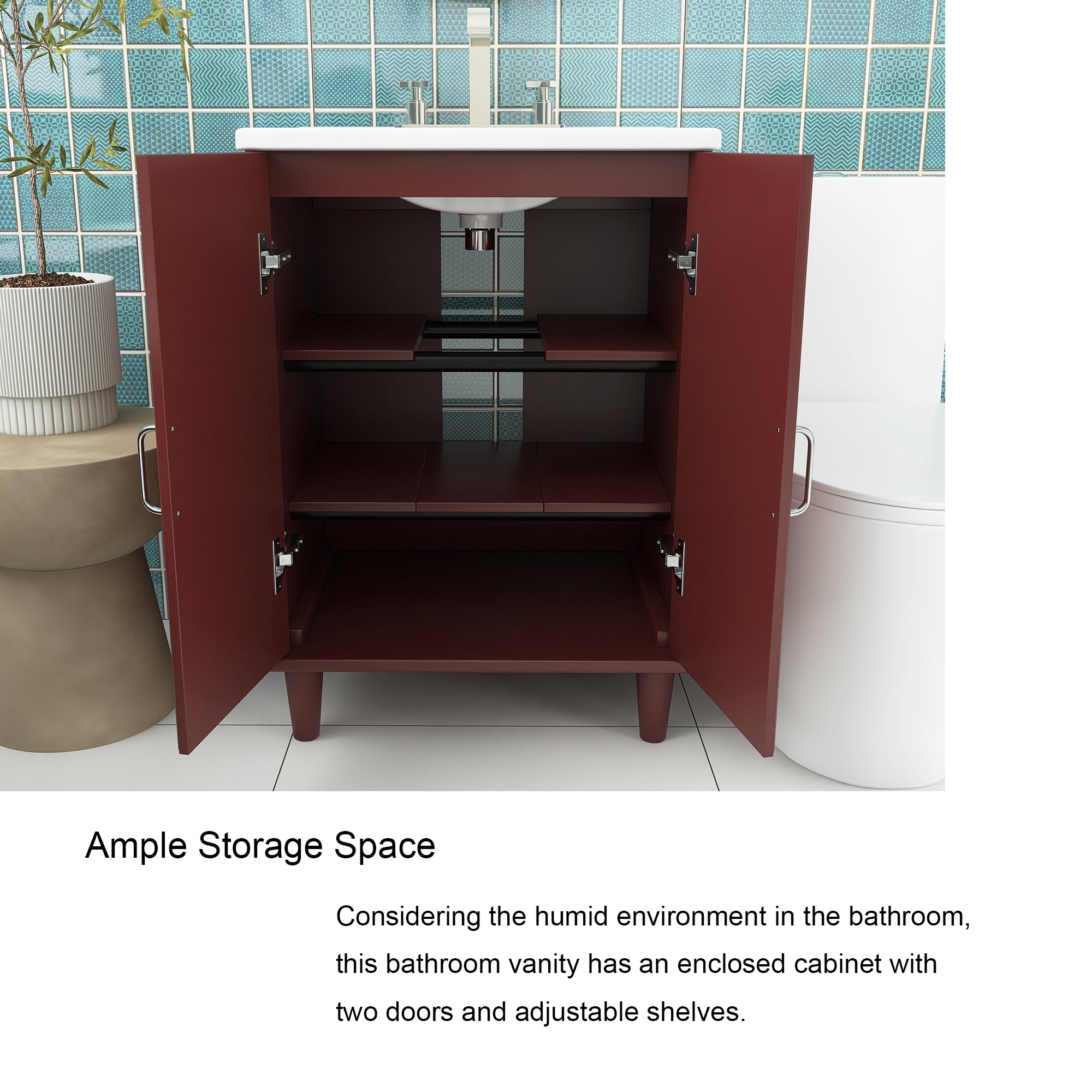 24" Freestanding Solid Wood and MDF Bathroom Vanity Set with Two Doors and Adjustable Shelves