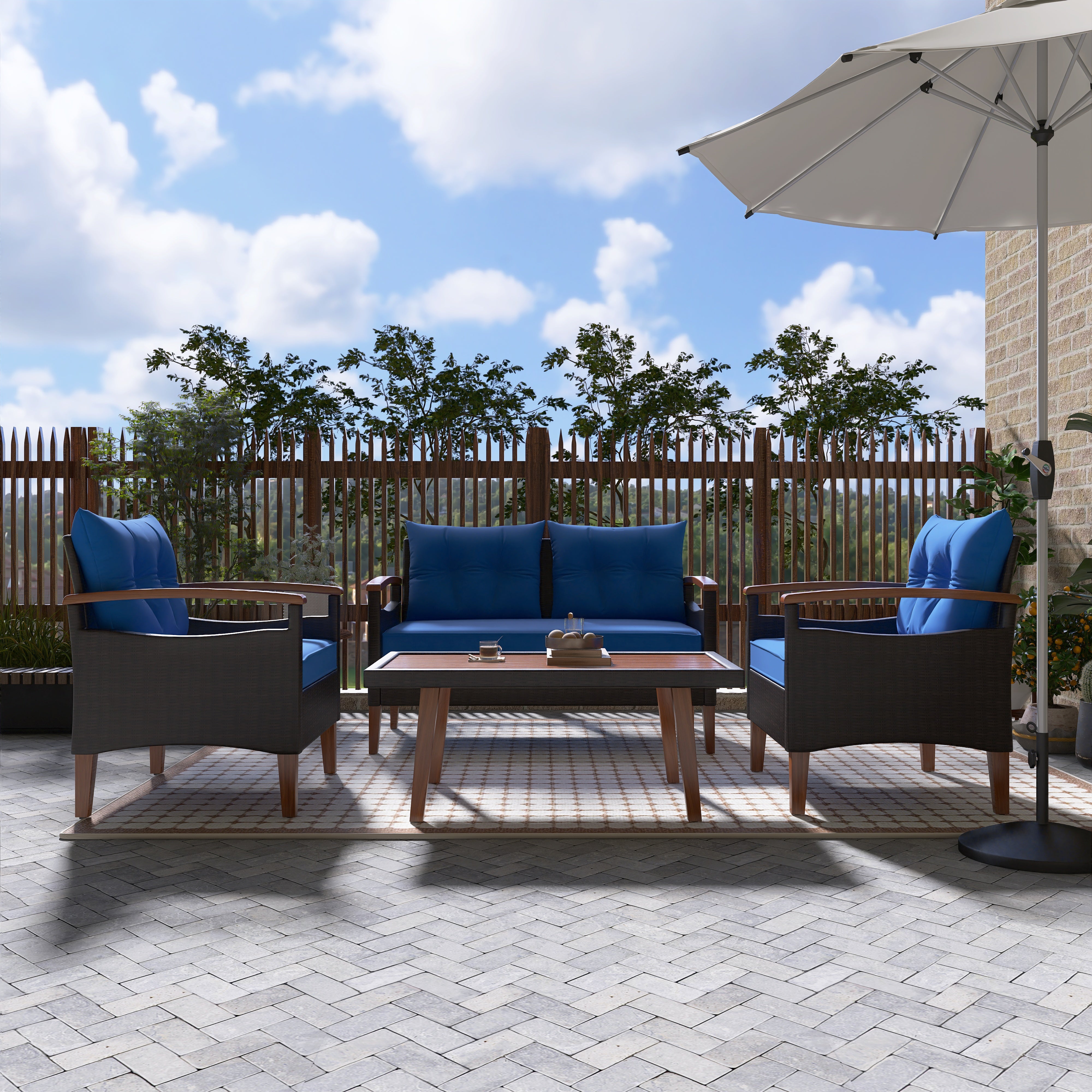 4-Piece PE Rattan Outdoor Sofa Set with Cushions, Wood Table and Legs BOGOPS13BL