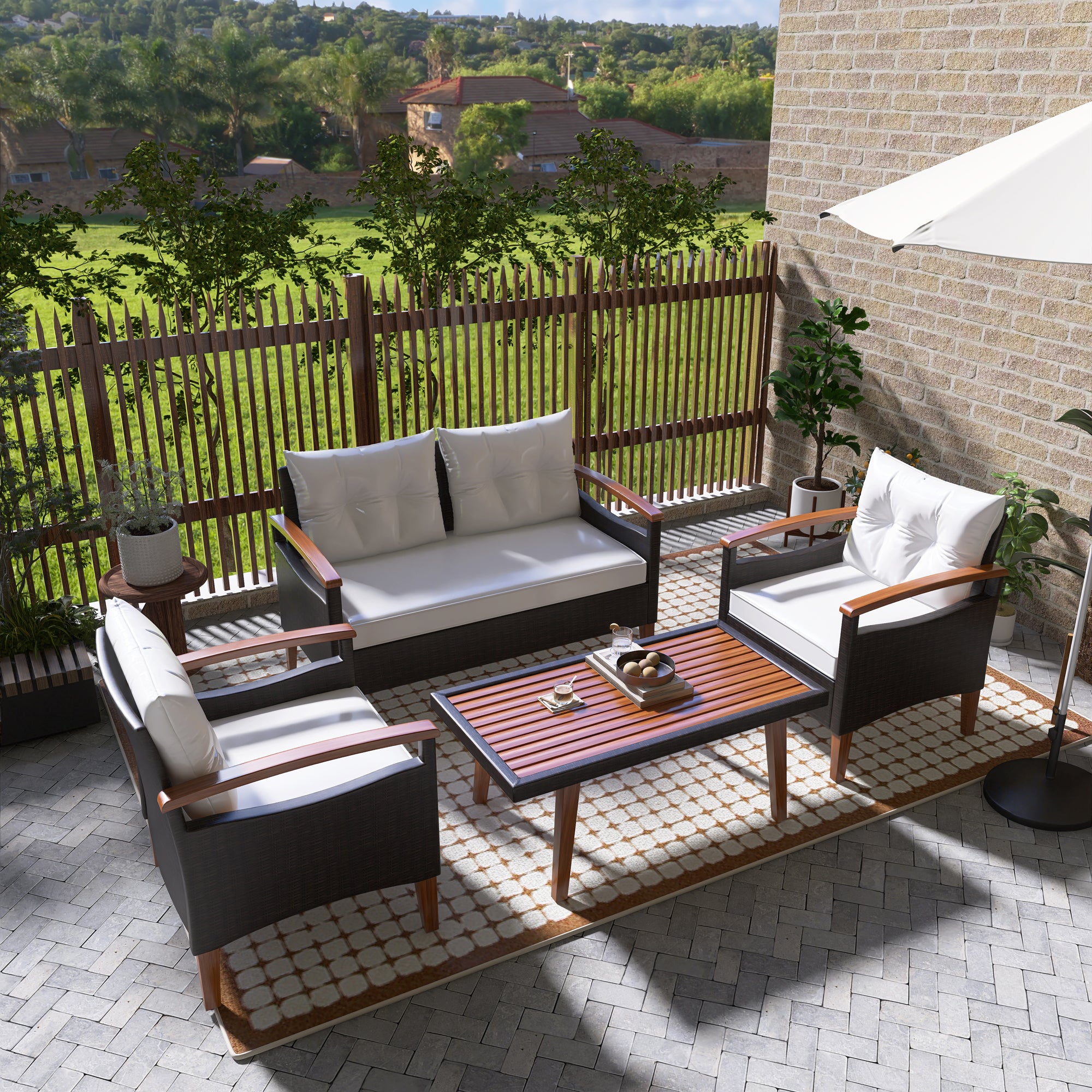 4-Piece PE Rattan Outdoor Sofa Set with Cushions, Wood Table and Legs BOGOPS13BE