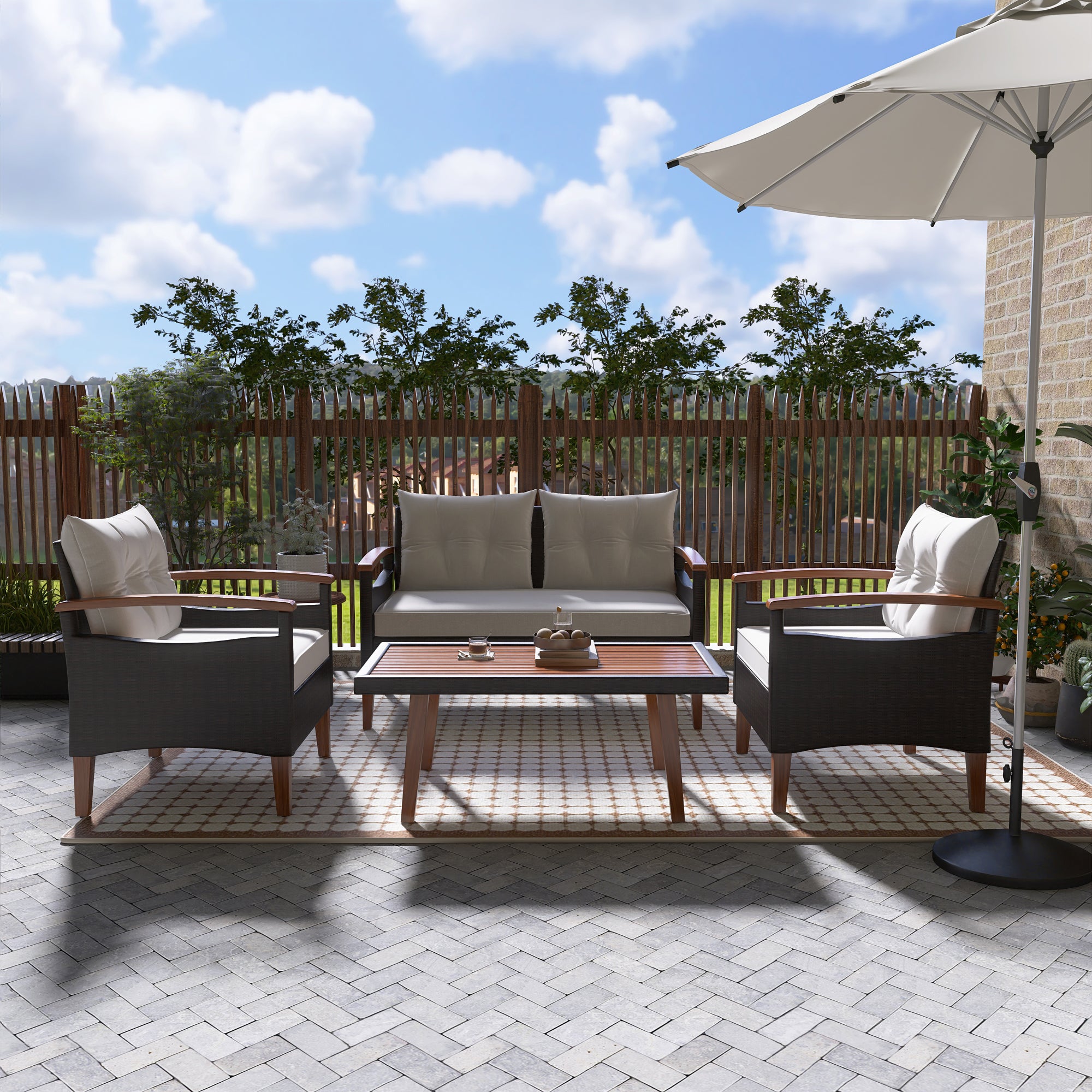 4-Piece PE Rattan Outdoor Sofa Set with Cushions, Wood Table and Legs BOGOPS13BE