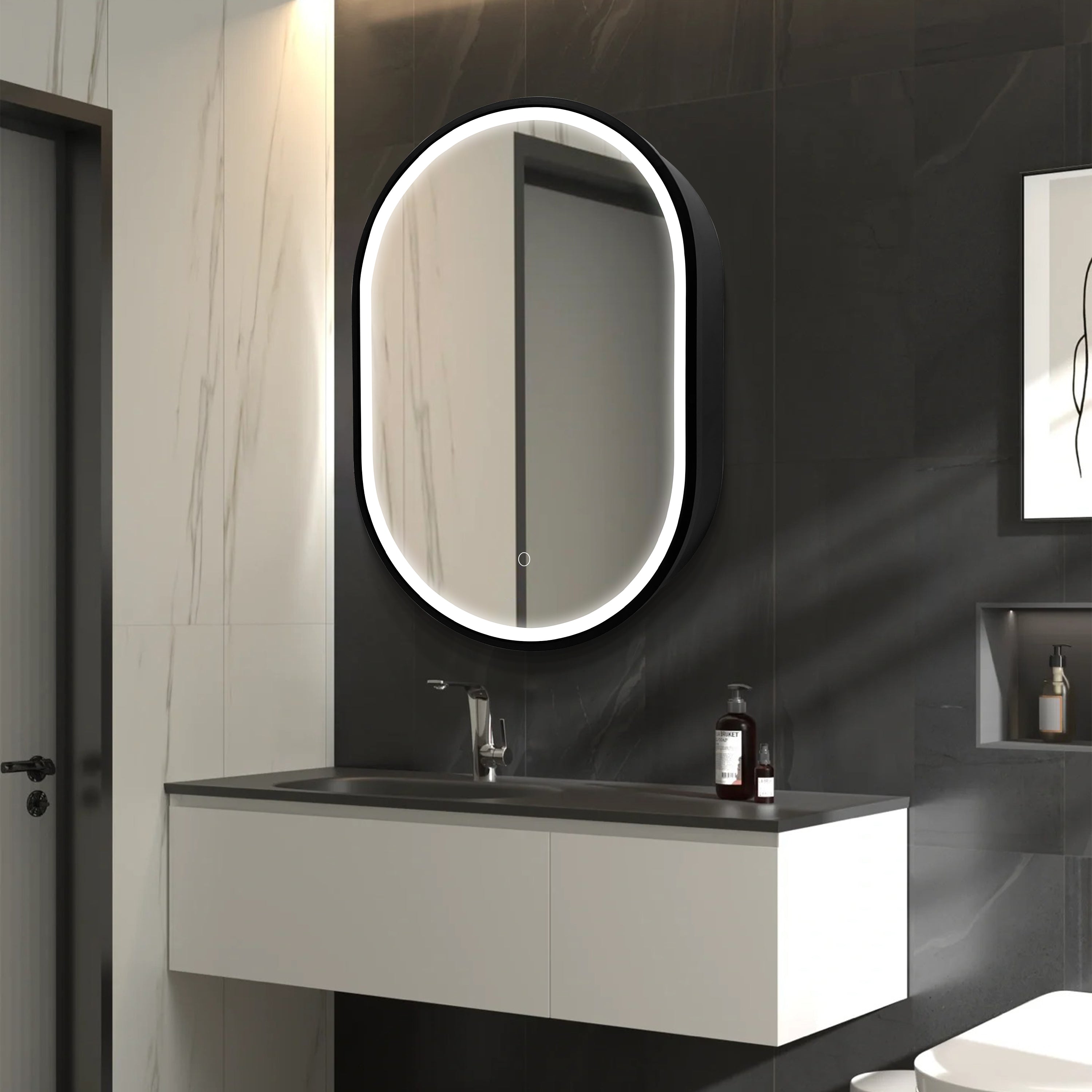 21 in. W x 31 in. H Black Framed Wall Mounted Bathroom Medicine Cabinet with LED Mirror