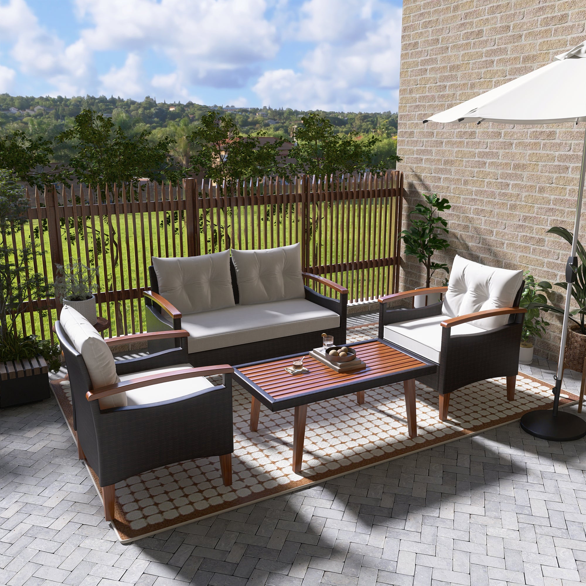 4-Piece PE Rattan Outdoor Sofa Set with Cushions, Wood Table and Legs BOGOPS13BE