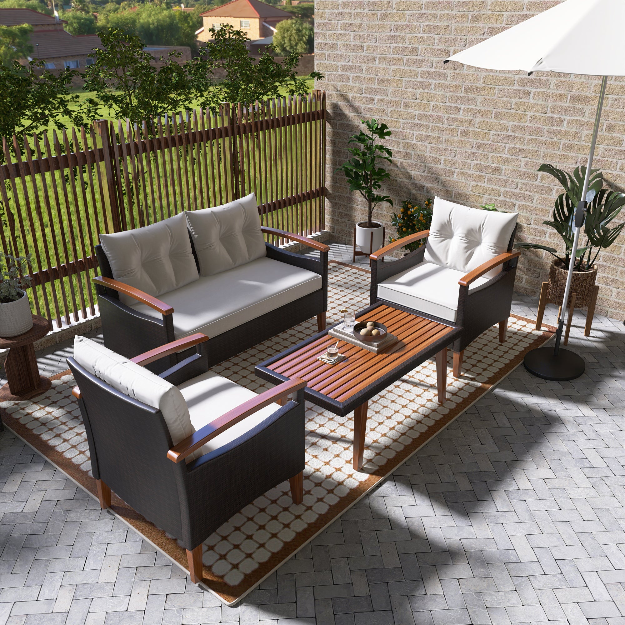 4-Piece PE Rattan Outdoor Sofa Set with Cushions, Wood Table and Legs BOGOPS13BE
