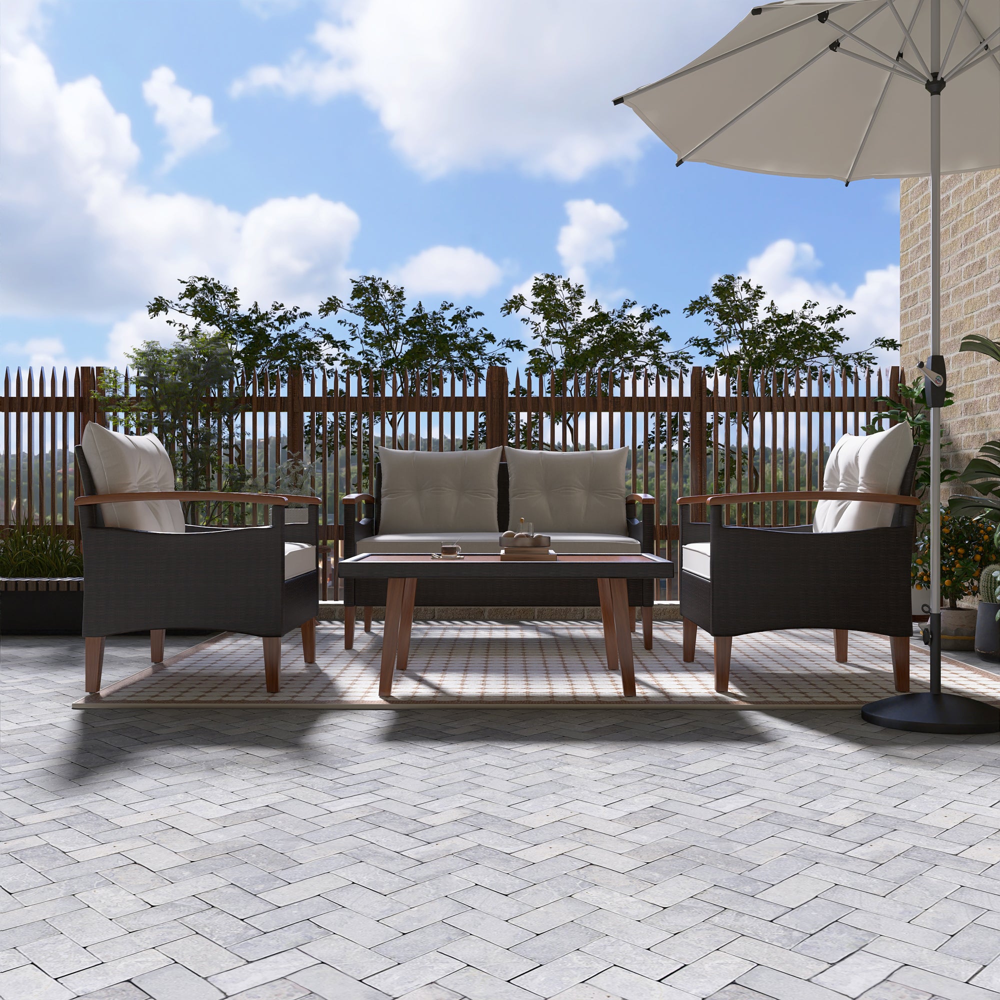 4-Piece PE Rattan Outdoor Sofa Set with Cushions, Wood Table and Legs BOGOPS13BE