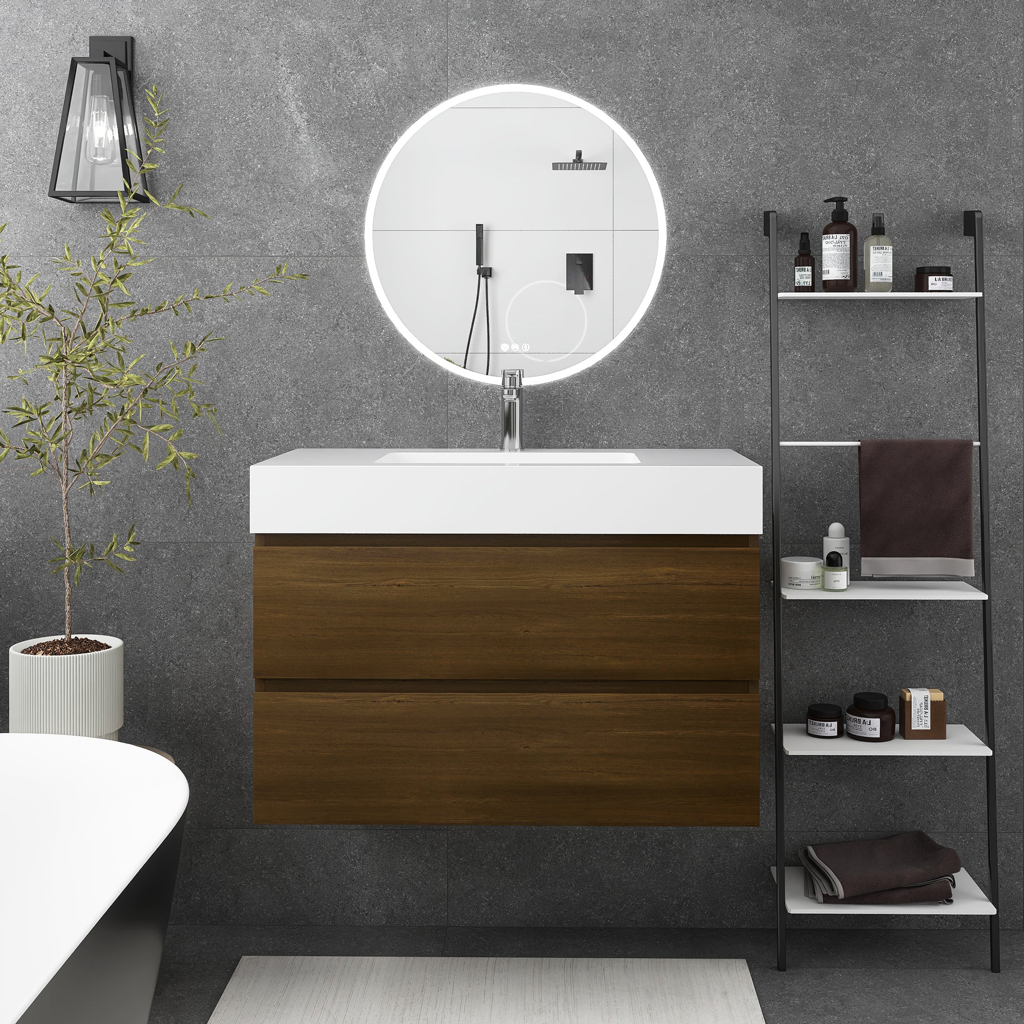 24"/30"/36" Wall-Mounted Bathroom Vanity Set with 2 Drawers and White Resin Sink
