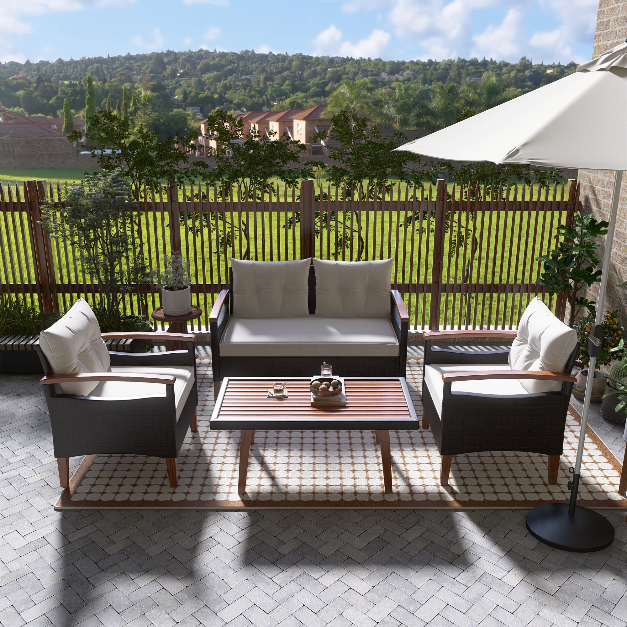 4-Piece PE Rattan Outdoor Sofa Set with Cushions, Wood Table and Legs BOGOPS13BE
