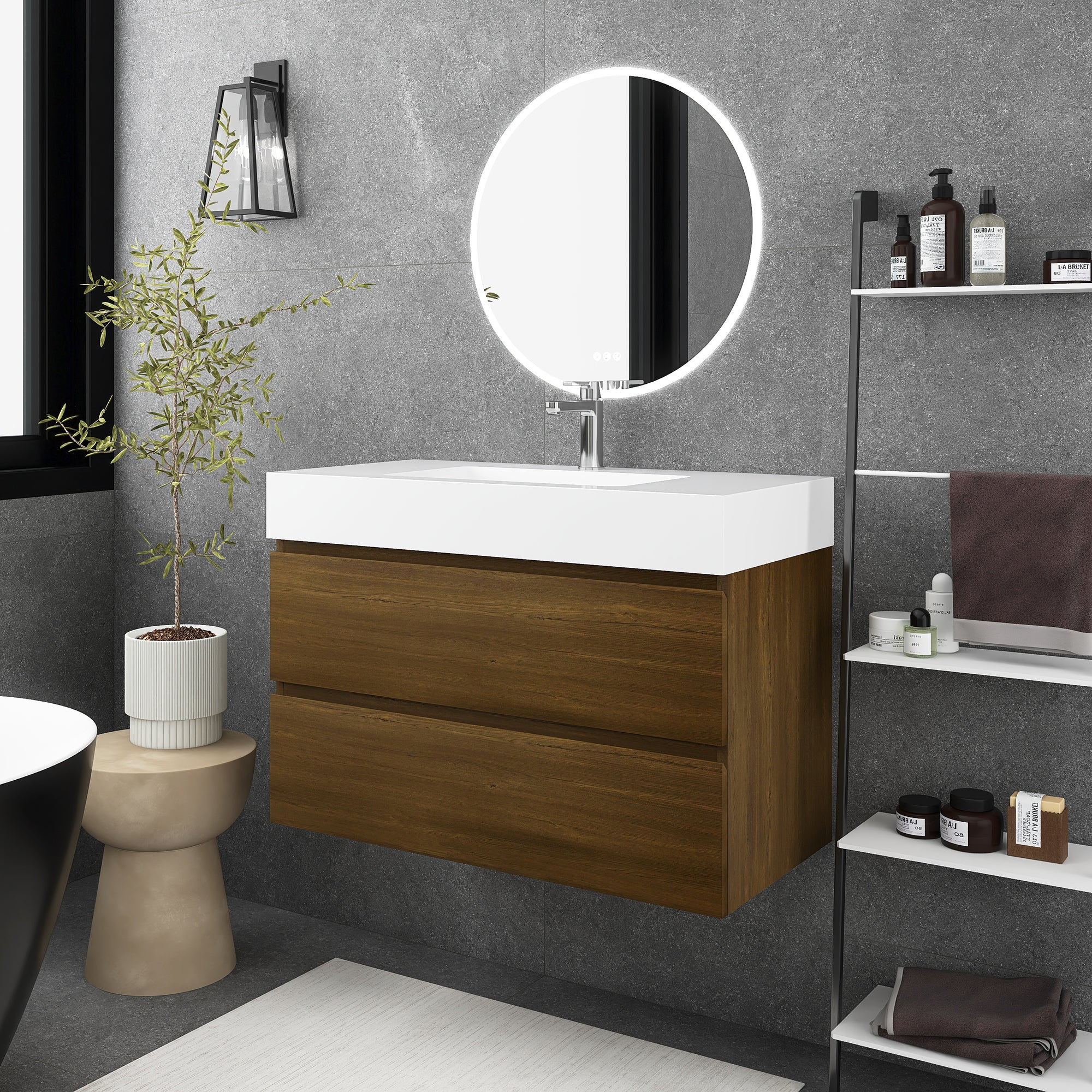 24"/30"/36" Wall-Mounted Bathroom Vanity Set with 2 Drawers and White Resin Sink