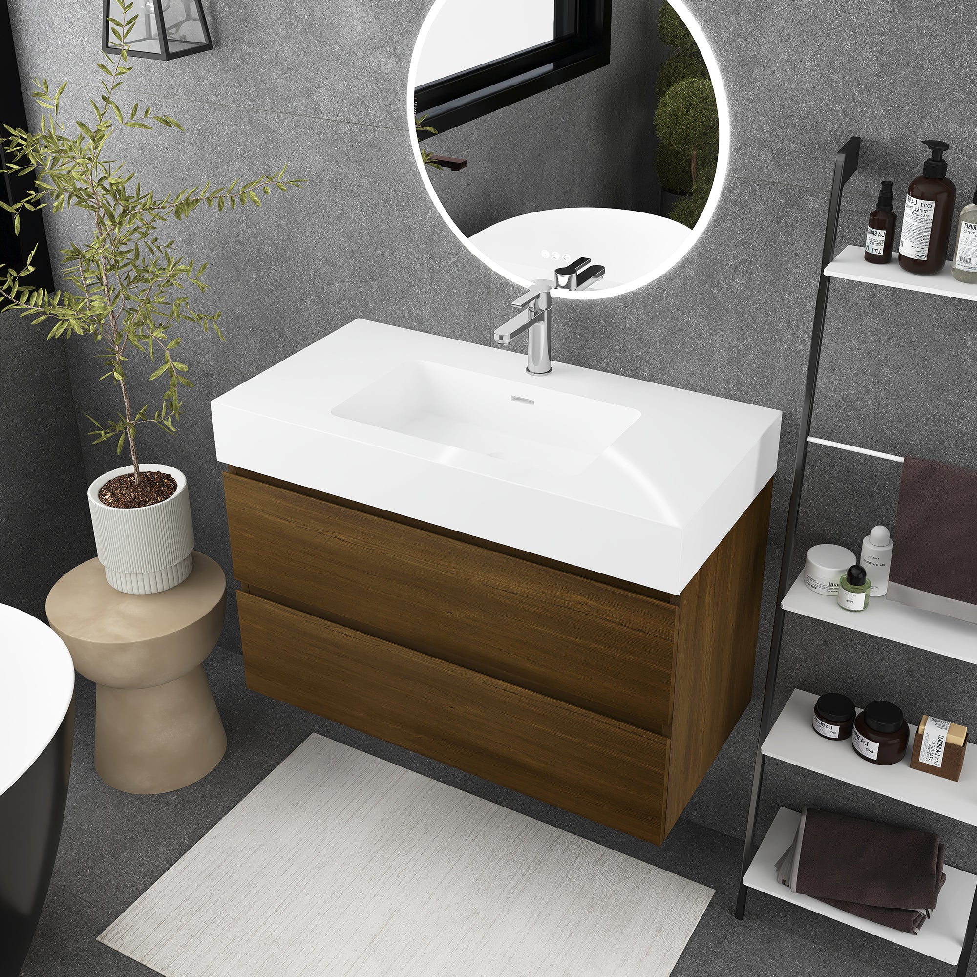 24"/30"/36" Wall-Mounted Bathroom Vanity Set with 2 Drawers and White Resin Sink