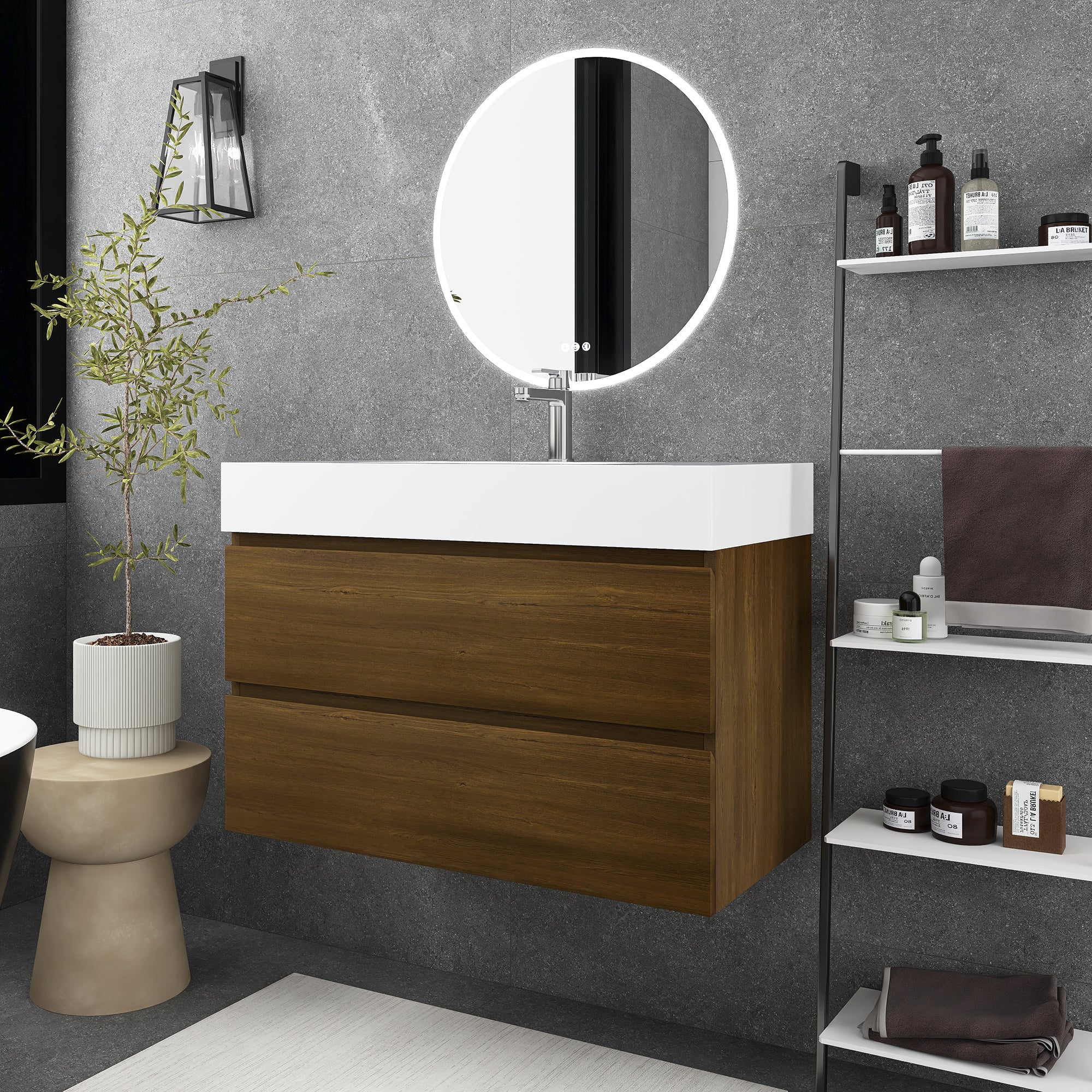 24"/30"/36" Wall-Mounted Bathroom Vanity Set with 2 Drawers and White Resin Sink