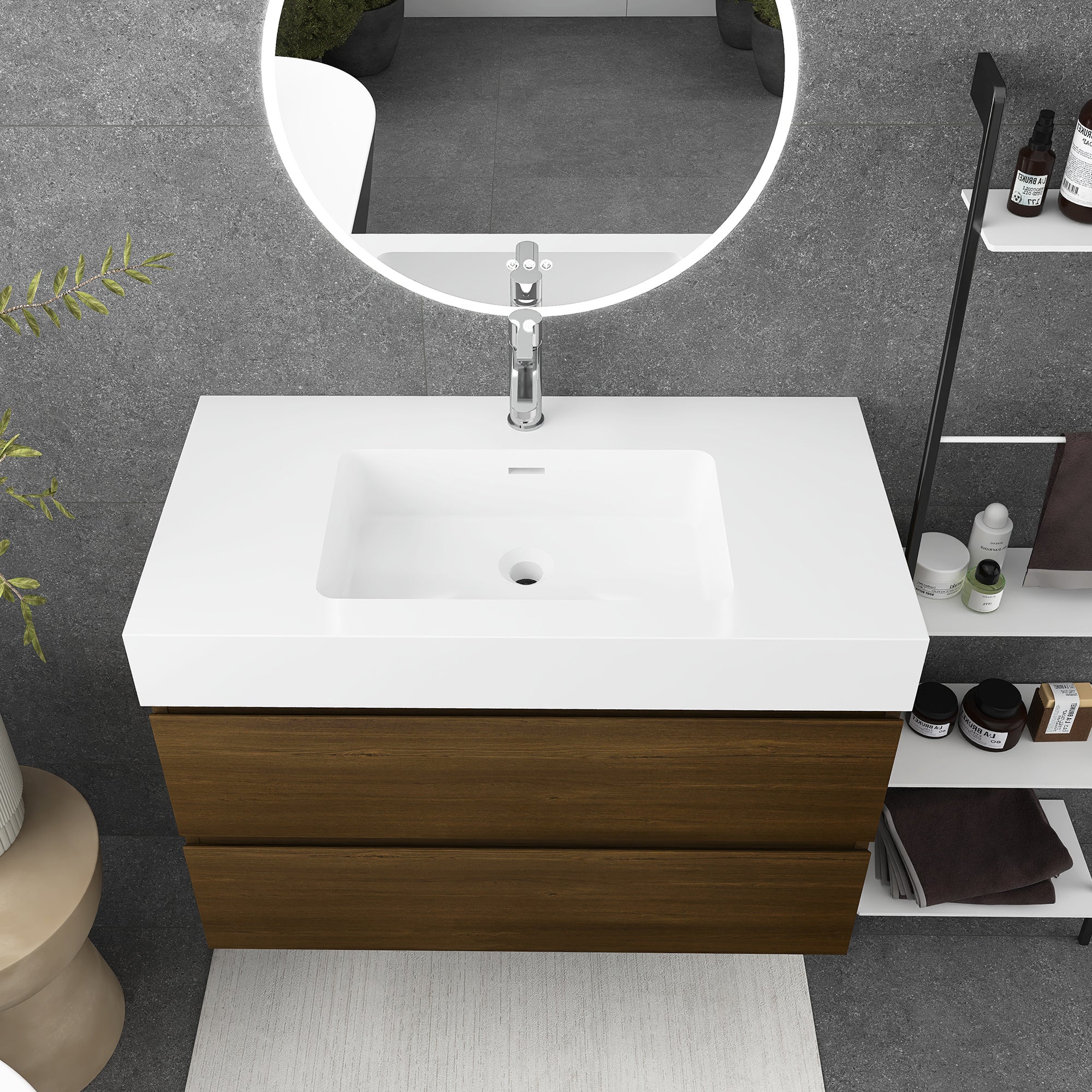 24"/30"/36" Wall-Mounted Bathroom Vanity Set with 2 Drawers and White Resin Sink