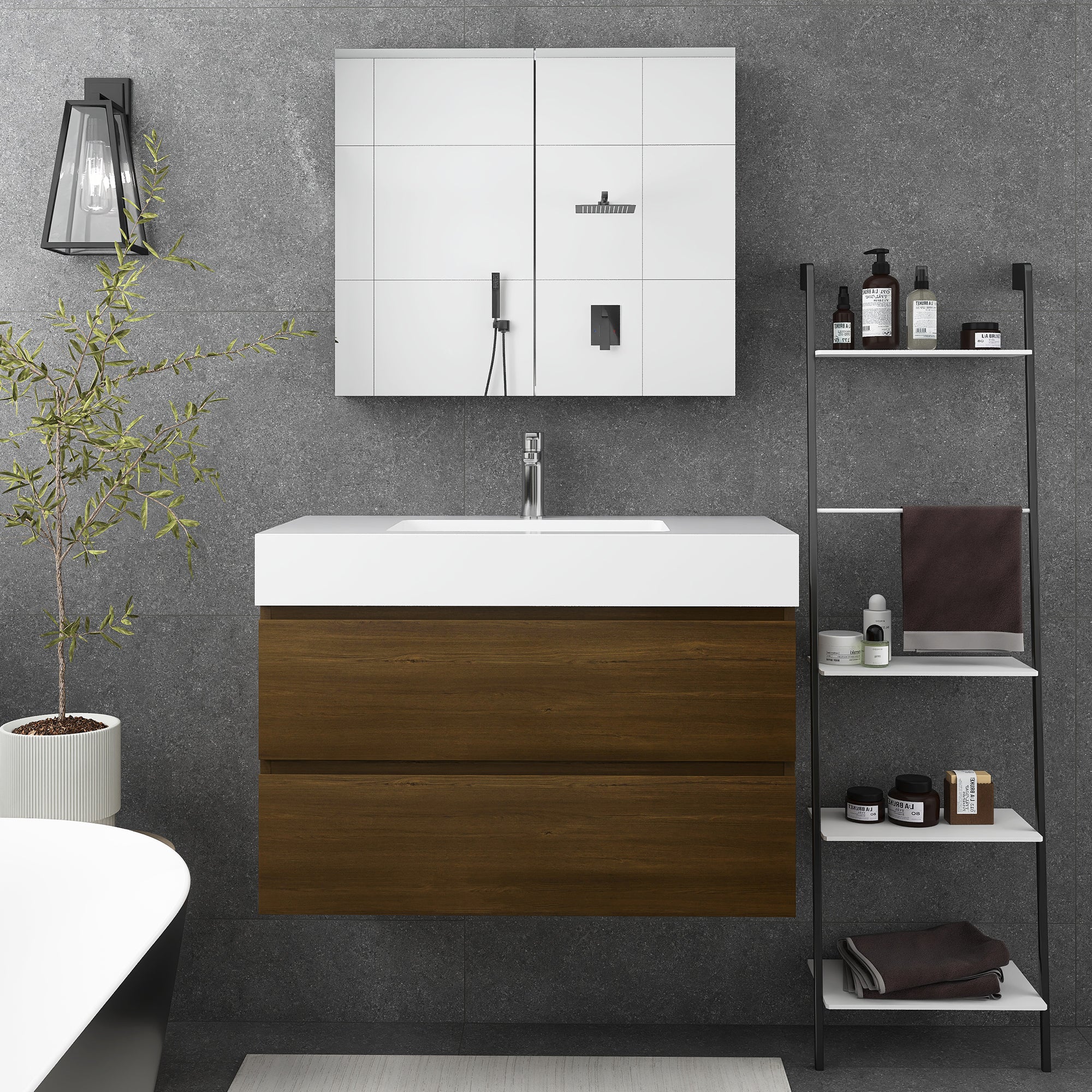 24"/30"/36" Wall-Mounted Bathroom Vanity Set with 2 Drawers and White Resin Sink