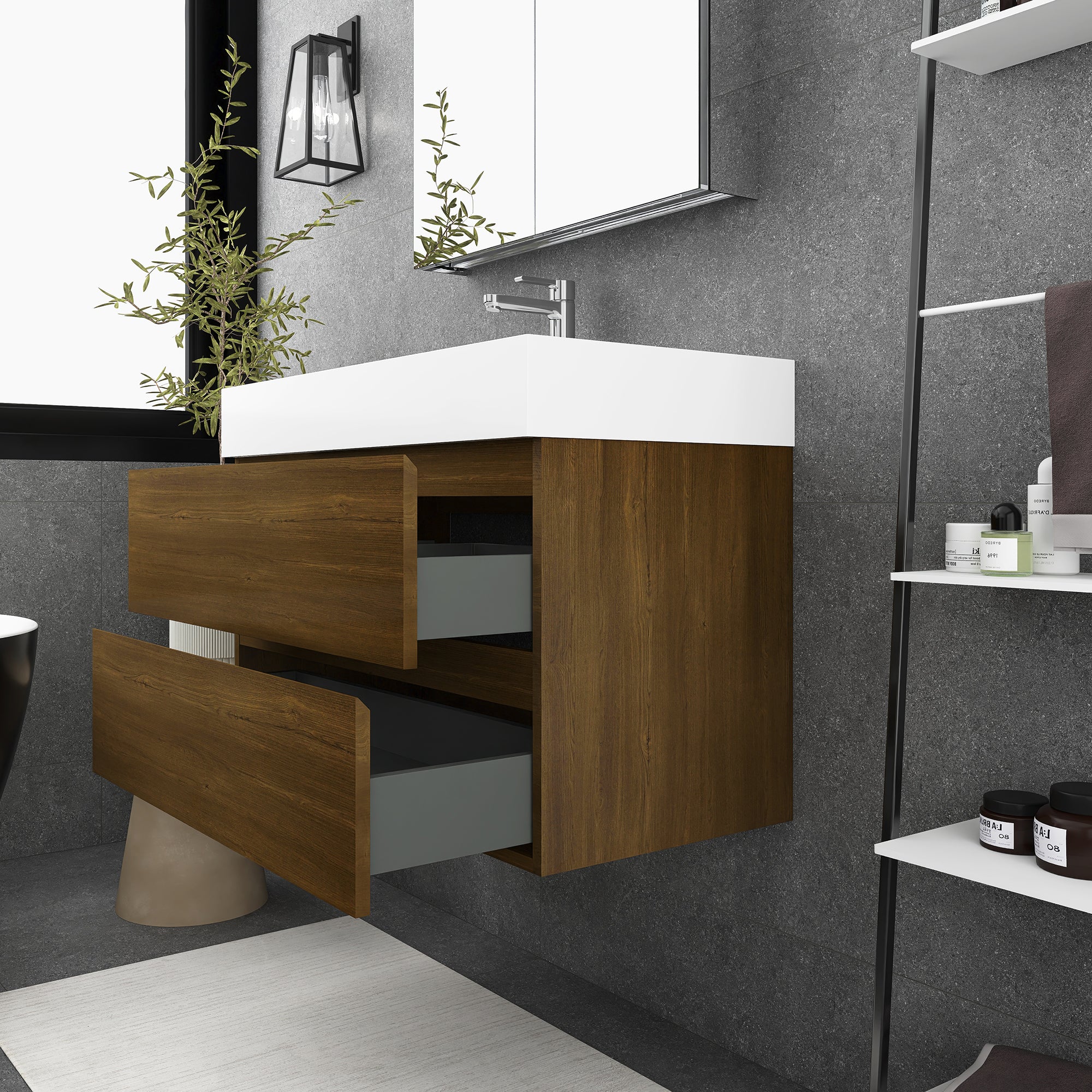 24"/30"/36" Wall-Mounted Bathroom Vanity Set with 2 Drawers and White Resin Sink