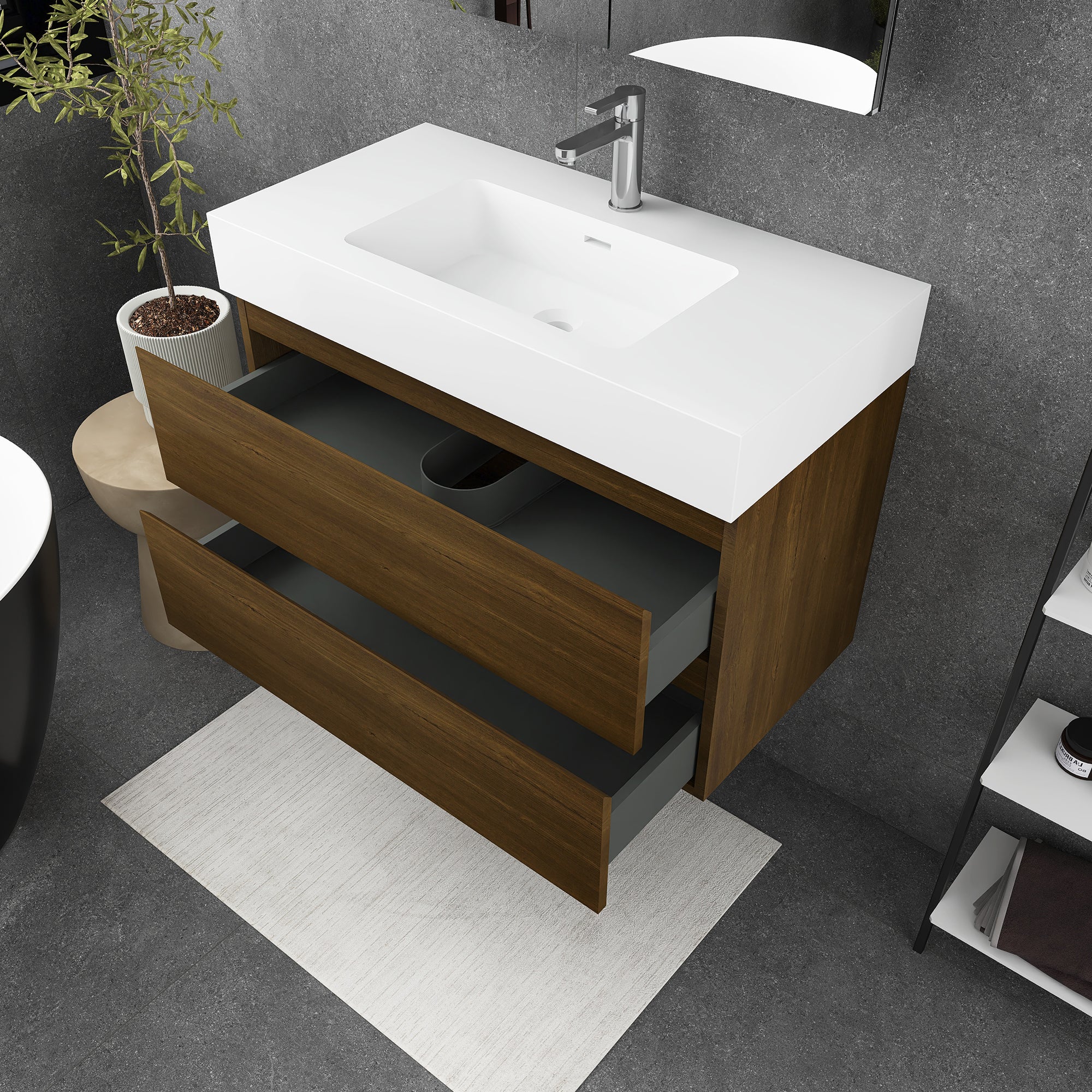 24"/30"/36" Wall-Mounted Bathroom Vanity Set with 2 Drawers and White Resin Sink