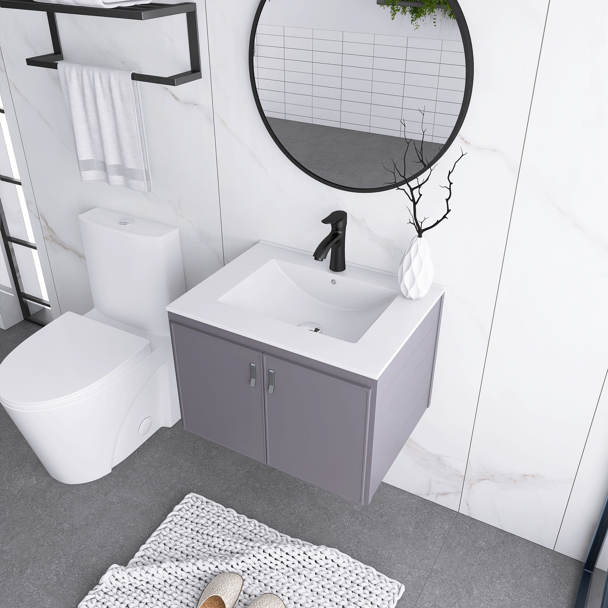 24 Inches Aluminium Wall-Mounted Bathroom Vanity Set with Integrated Ceramic Sink