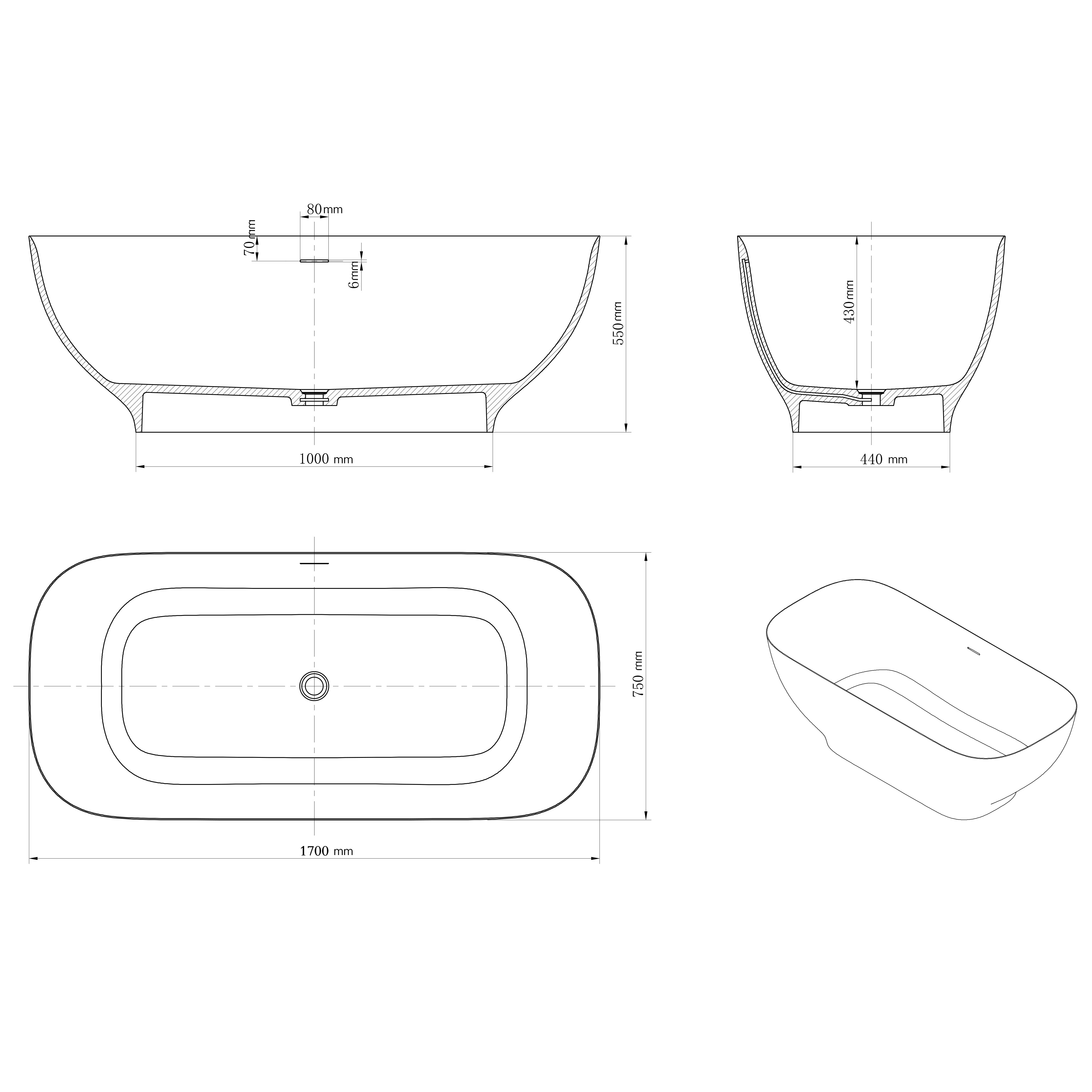 Solid Surface Freestanding Soaking Bathtub