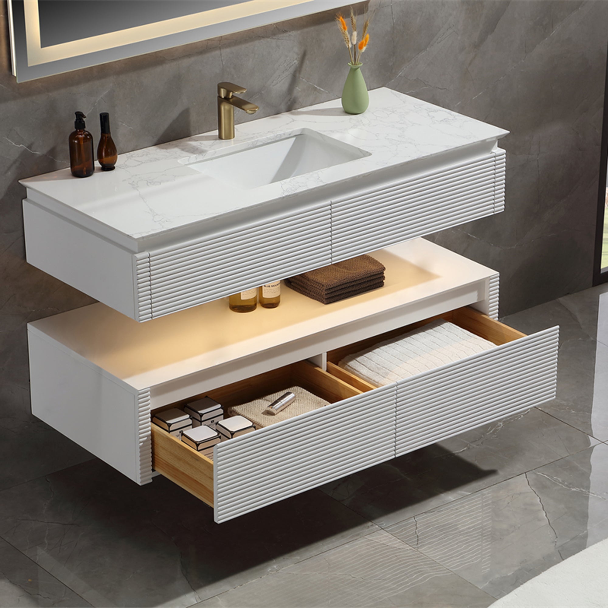 48 Inch Solid Wood Wall-Mounted Bathroom Vanity Set in Green/ White with Engineered Stone Top and Ceramic Sink