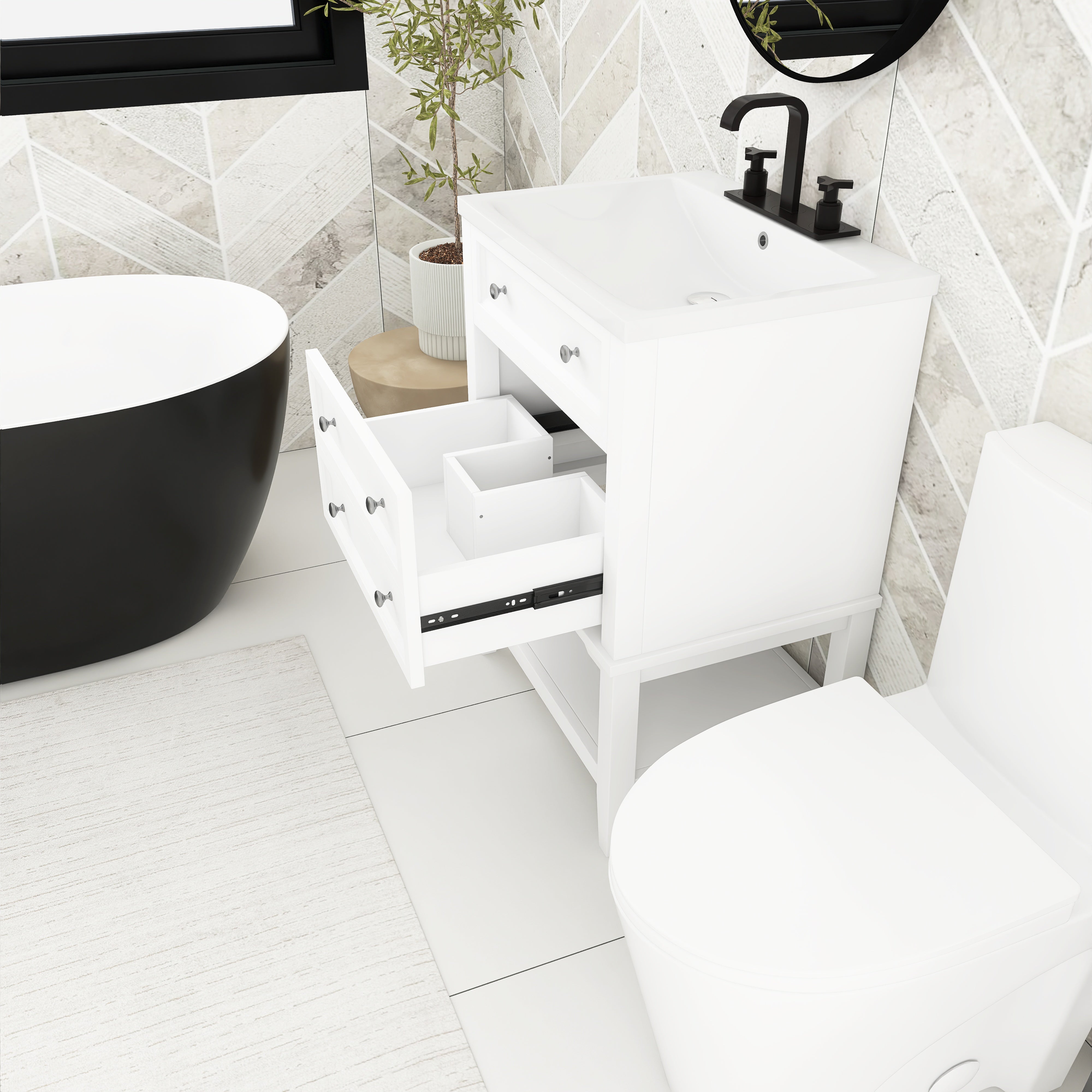 24 Inch MDF Freestanding Bathroom Vanity Set in White Integrated Ceramic Sink