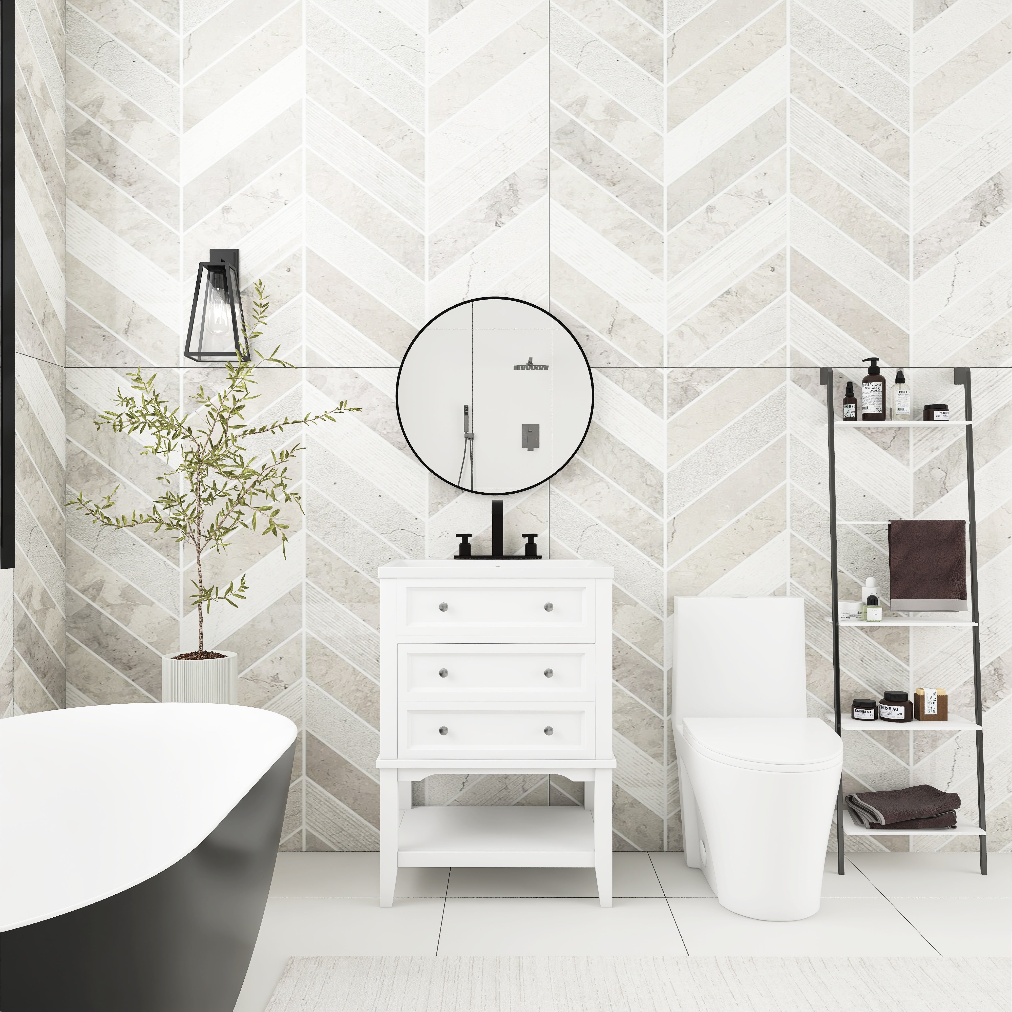 24 Inch MDF Freestanding Bathroom Vanity Set in White Integrated Ceramic Sink
