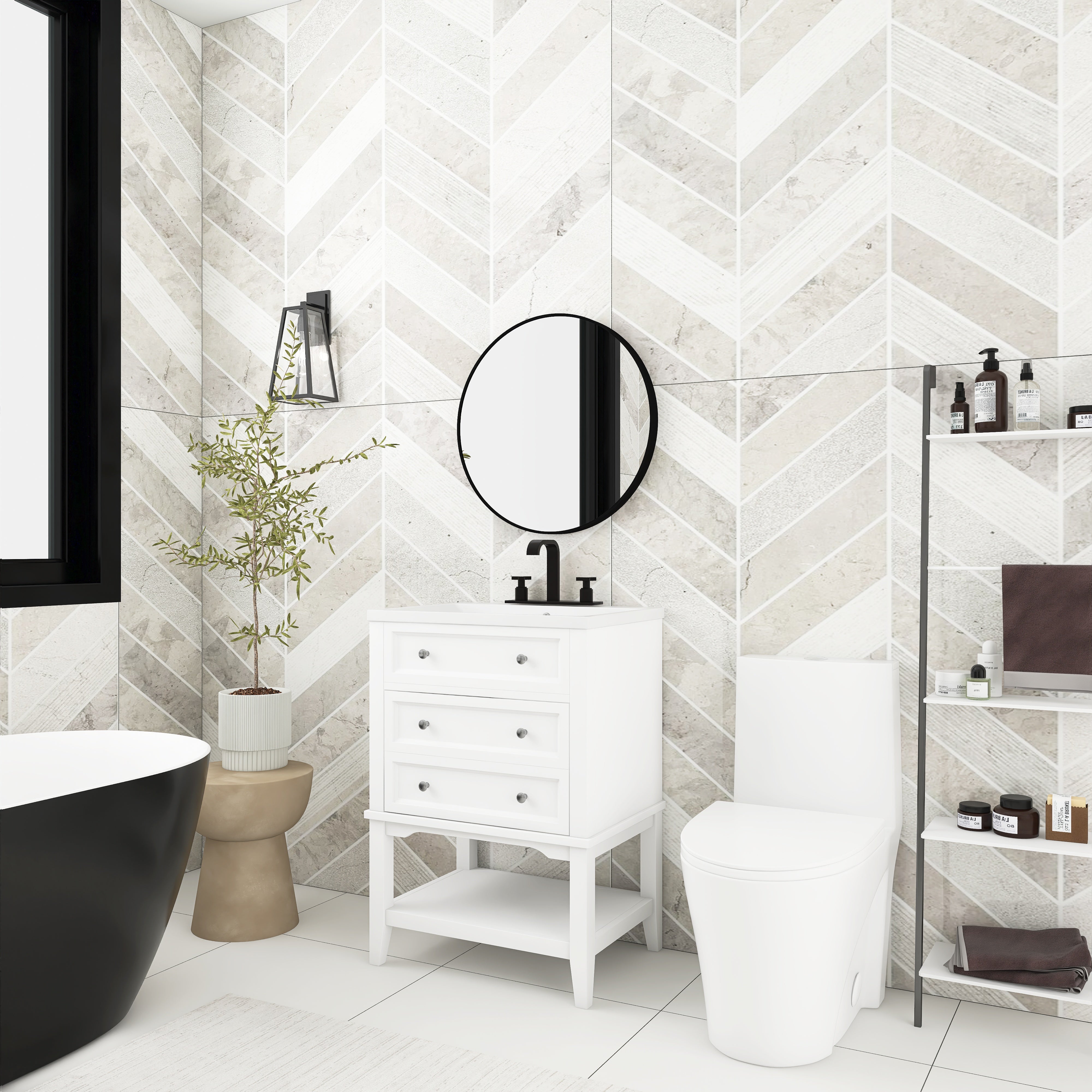 24 Inch MDF Freestanding Bathroom Vanity Set in White Integrated Ceramic Sink