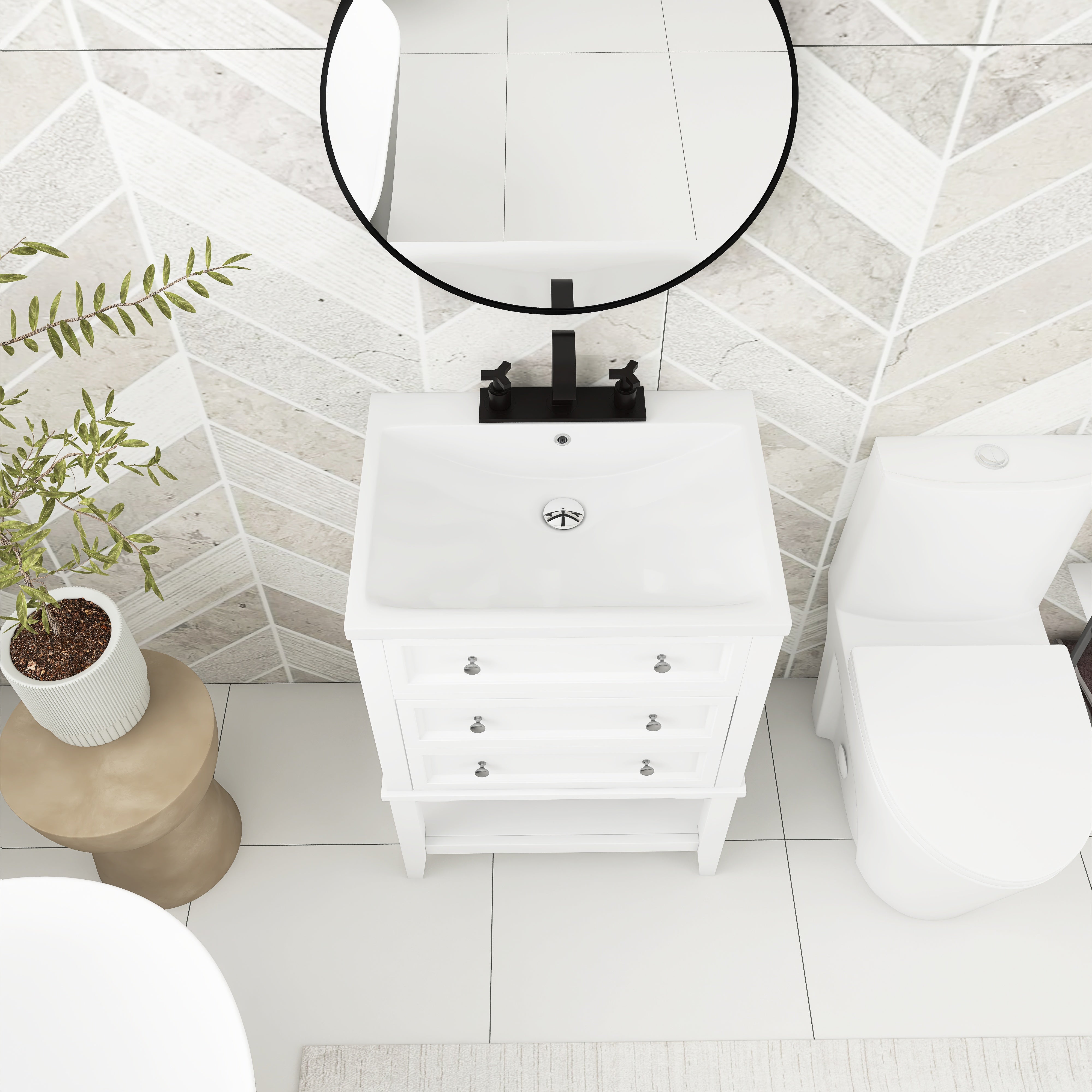 24 Inch MDF Freestanding Bathroom Vanity Set in White Integrated Ceramic Sink