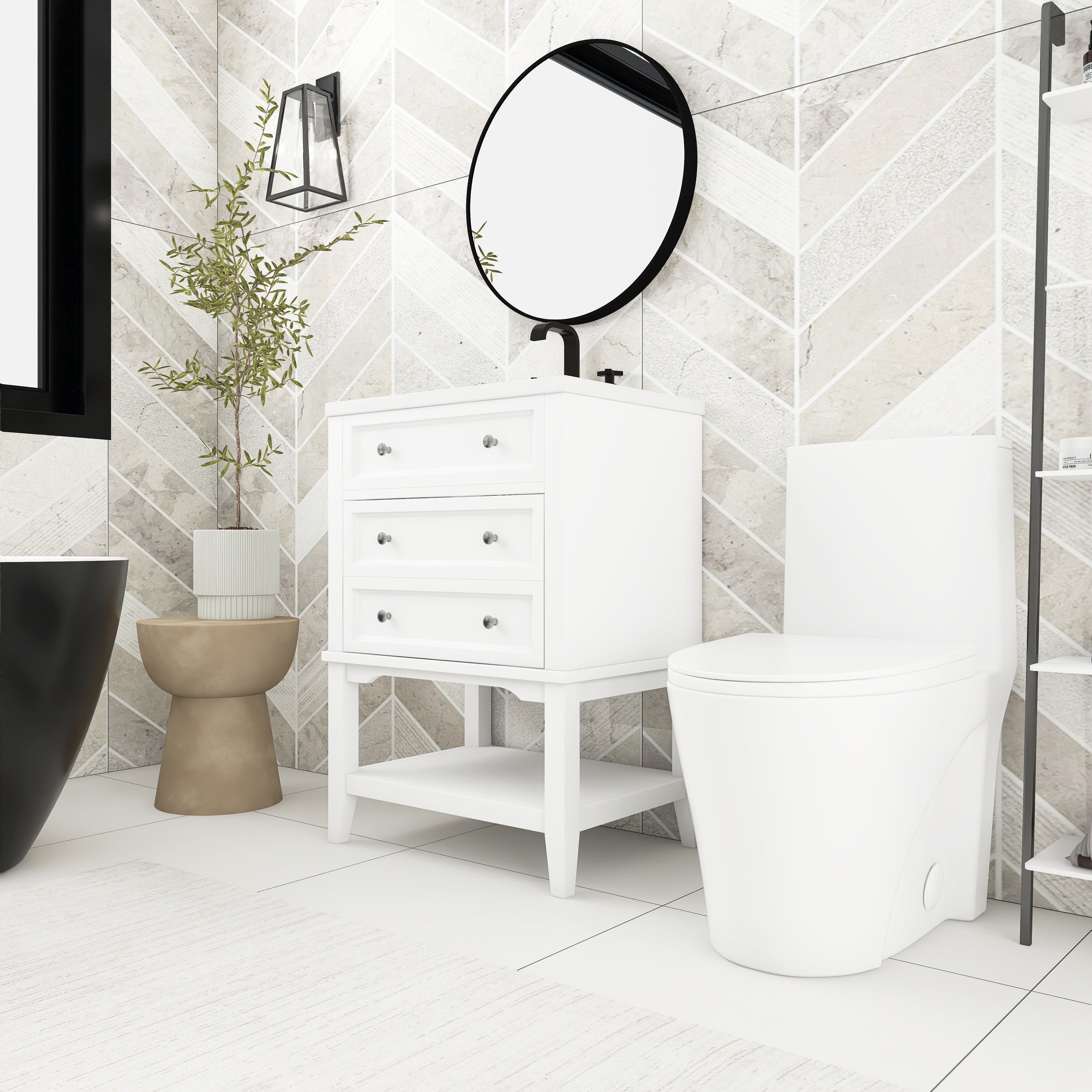 24 Inch MDF Freestanding Bathroom Vanity Set in White Integrated Ceramic Sink
