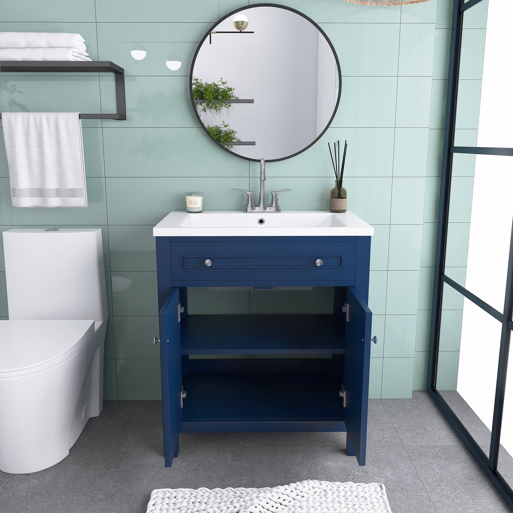 30 Inches MDF Freestanding Bathroom Vanity Set with Open Storage Shelf