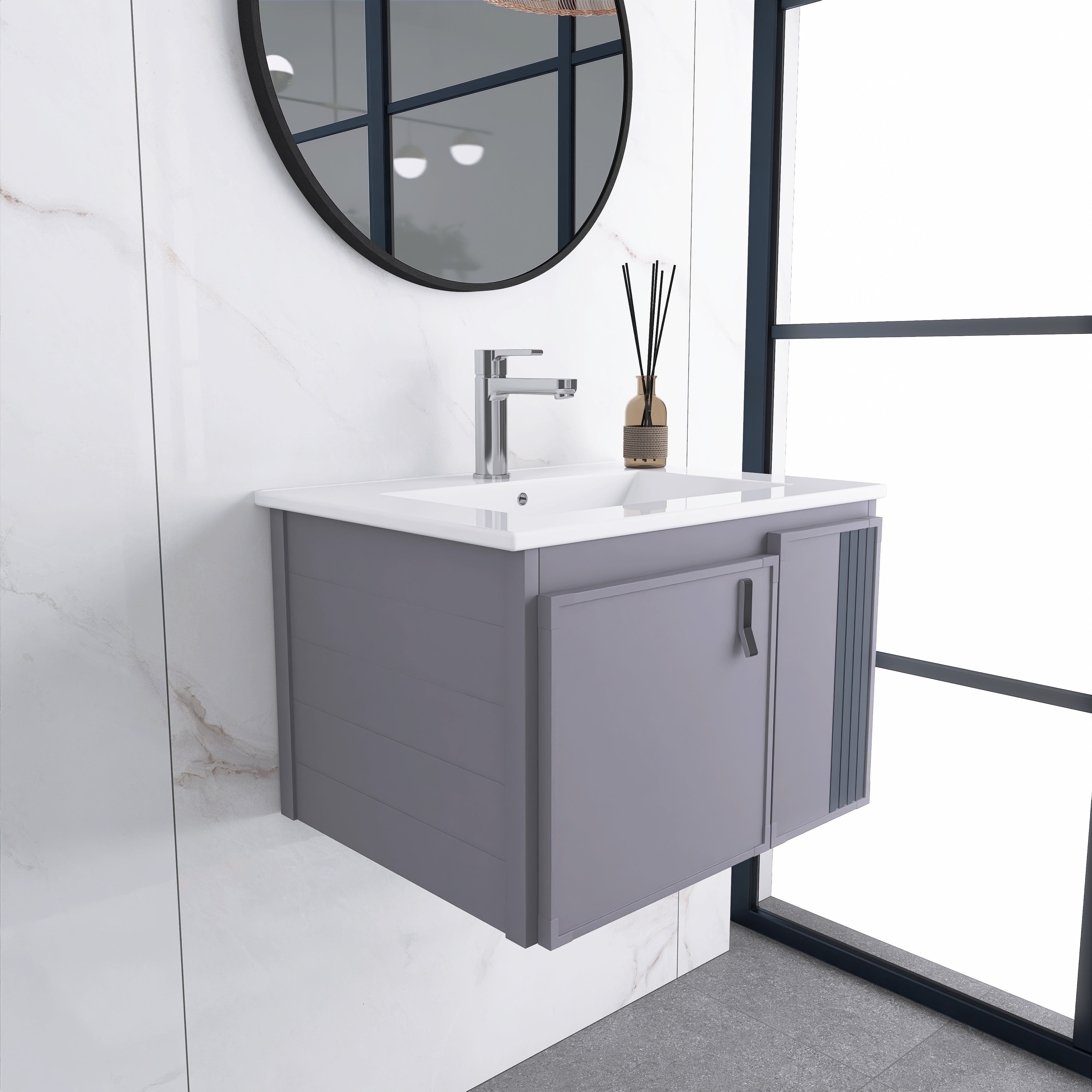 24 Inches Aluminium Wall-Mounted Bathroom Vanity Set with Integrated Ceramic Sink