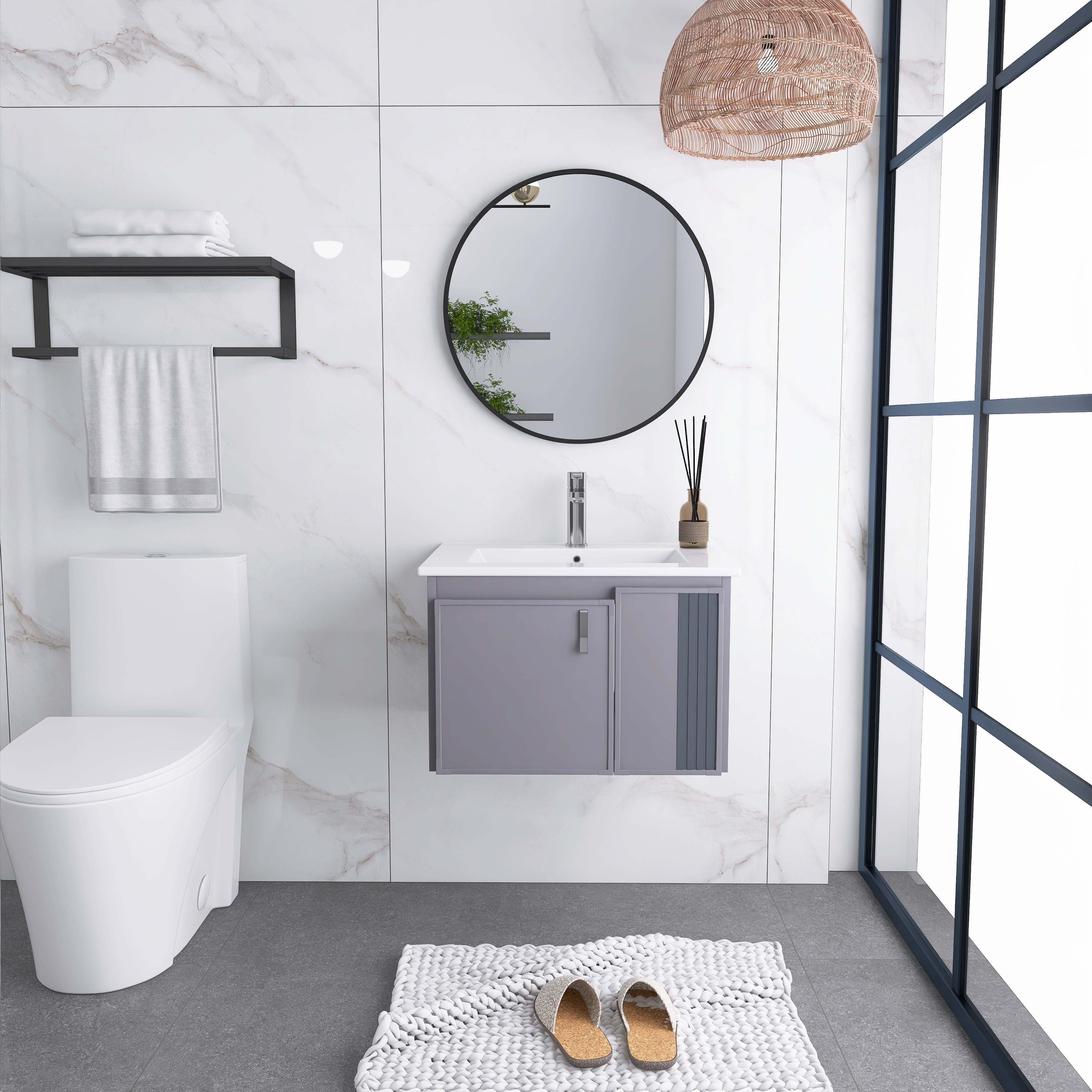 24 Inches Aluminium Wall-Mounted Bathroom Vanity Set with Integrated Ceramic Sink