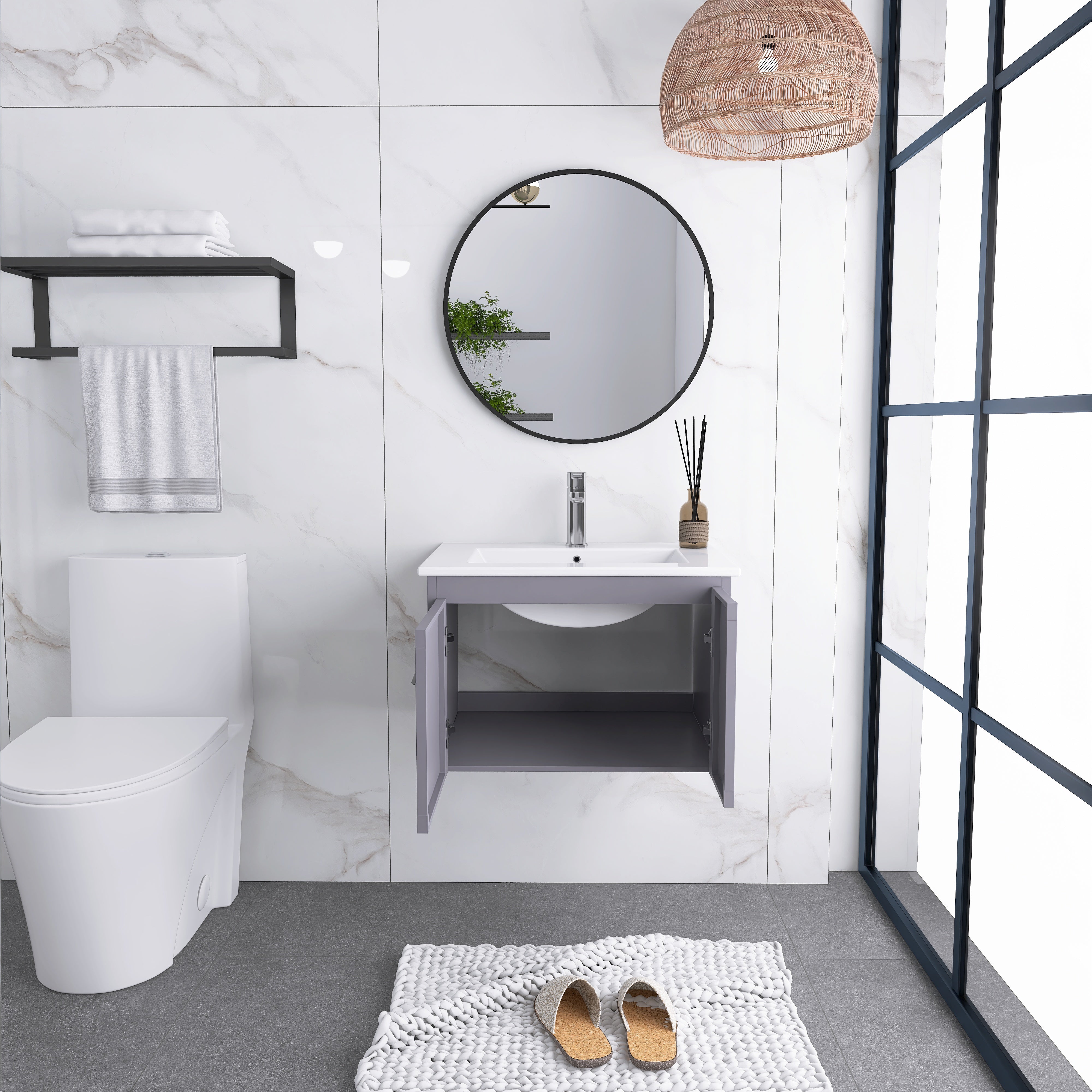 24 Inches Aluminium Wall-Mounted Bathroom Vanity Set with Integrated Ceramic Sink