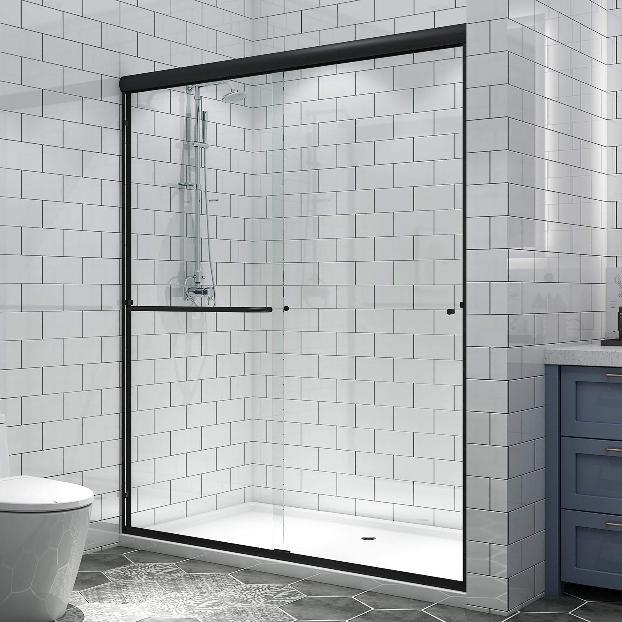 34 in. W X 72 in. H Semi-Frameless Pivot Shower Door in Matte Black with Clear Glass