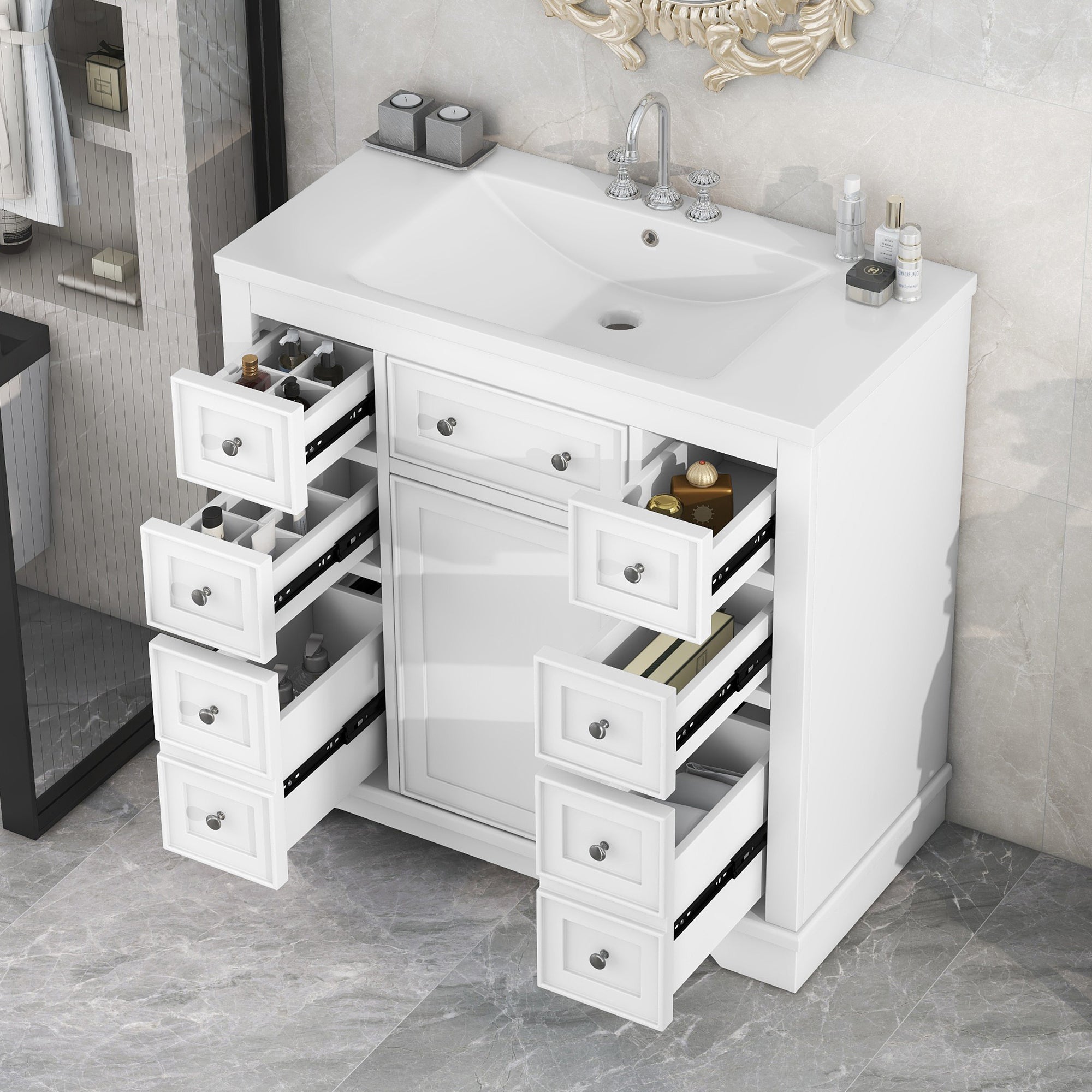 30 in. W x 72 in. H Freestanding Bathroom Cabinet in White with Adjustable Shelf and Drawer