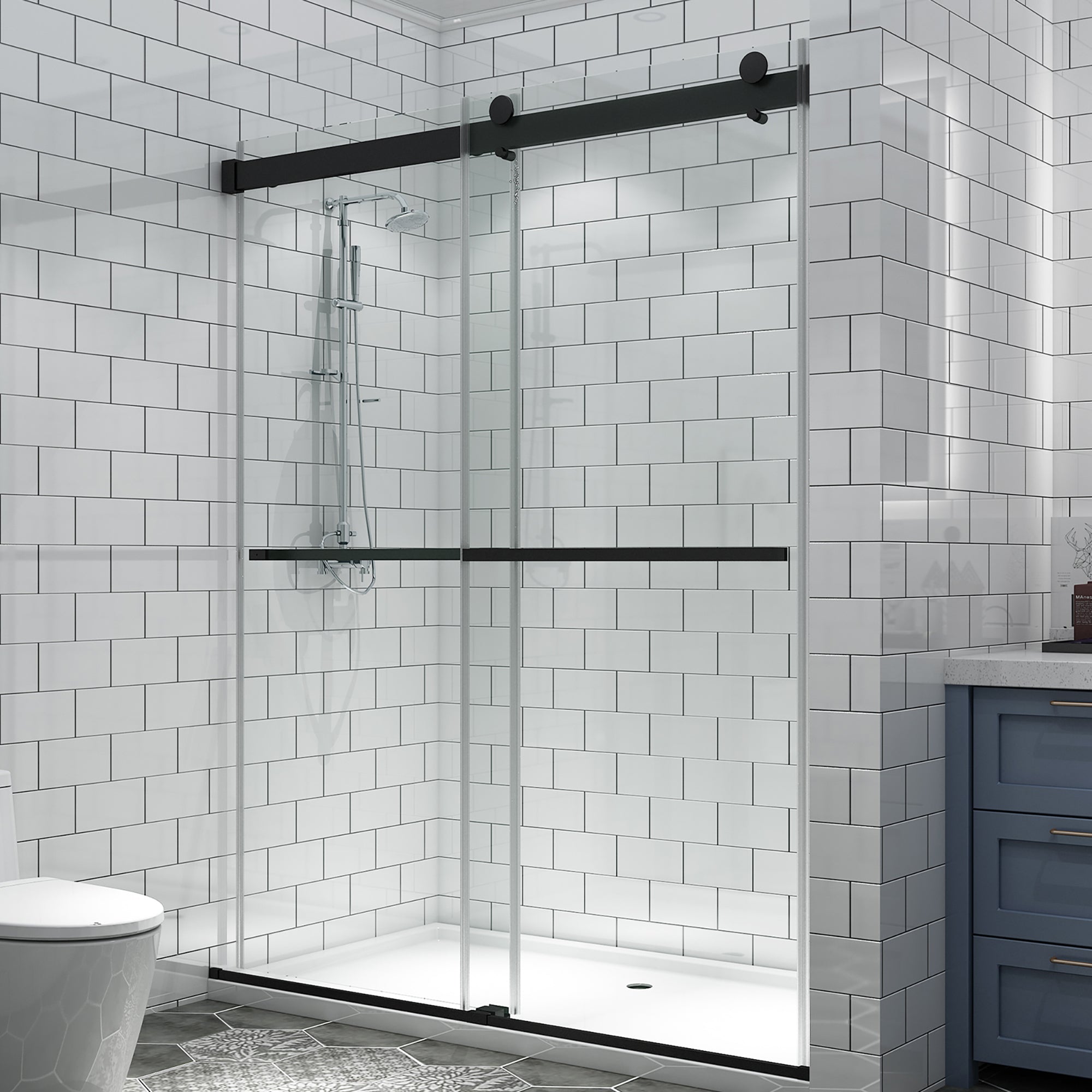 34 in. W X 72 in. H Semi-Frameless Pivot Shower Door in Matte Black with Clear Glass