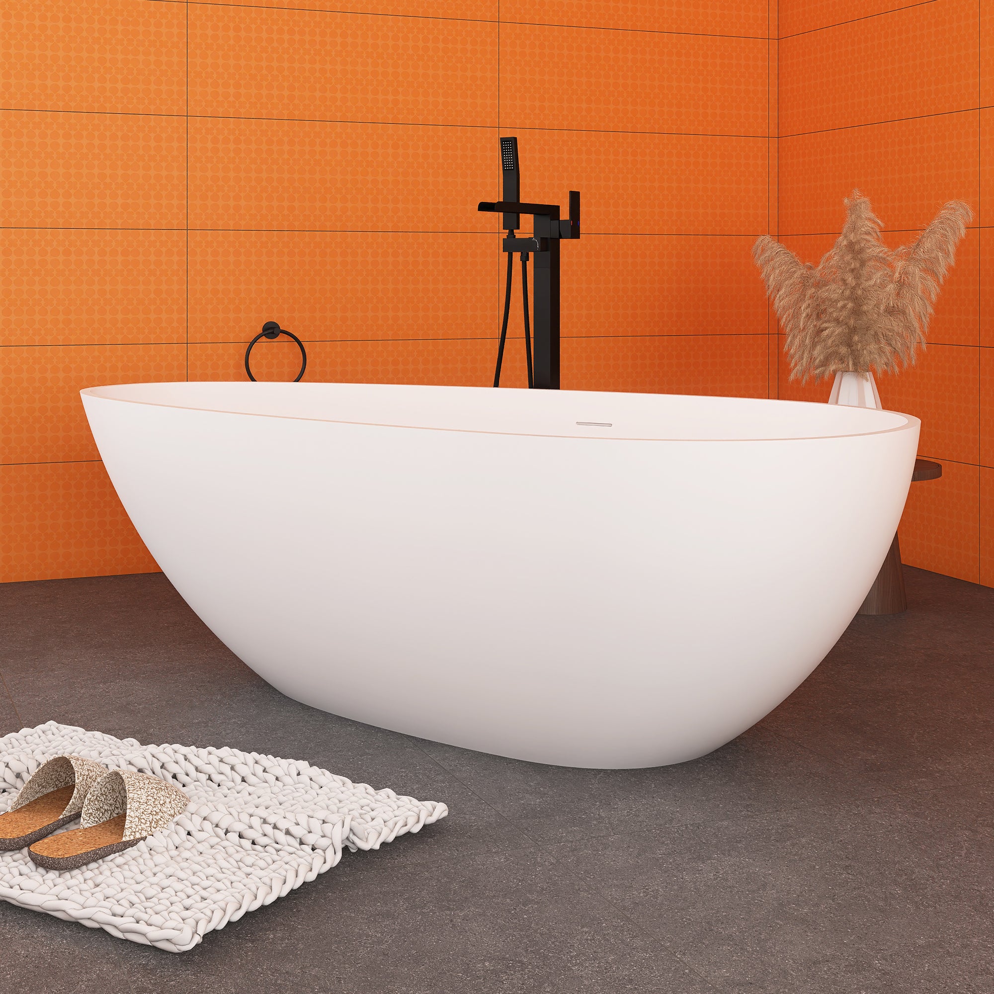 59"/ 67" Solid Surface Freestanding Soaking Bathtub in White with Drain