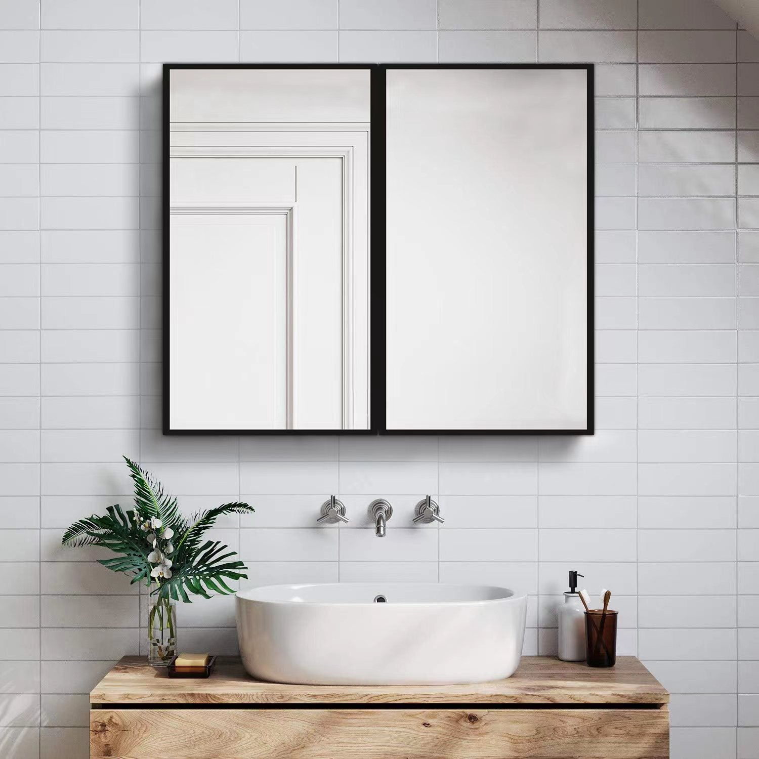 30 in. W x 26 in. H Black Framed Wall Mounted or Recessed Bathroom Medicine Cabinet with Mirror