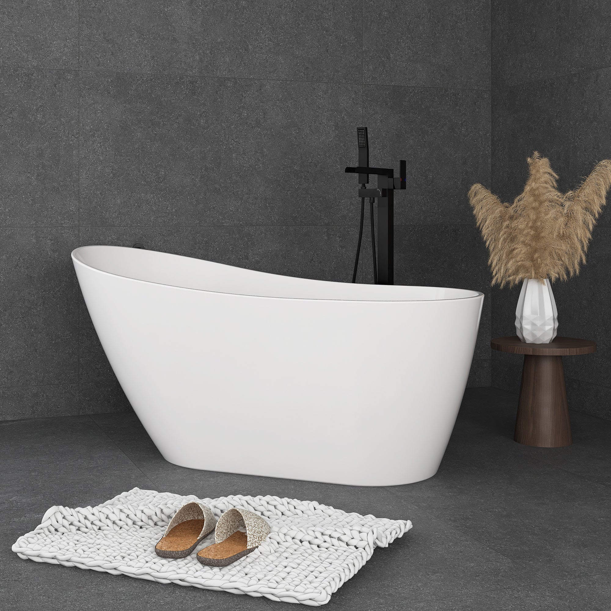 55"/59"/63" Acrylic Single Slipper Freestanding Soaking Bathtub in White
