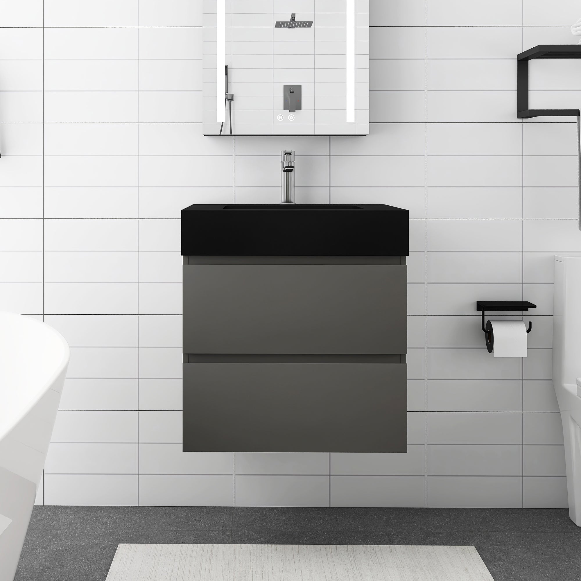 Staykiwi Wall-Mounted Bathroom Vanity Set with Black Integrated Solid Surface Sink