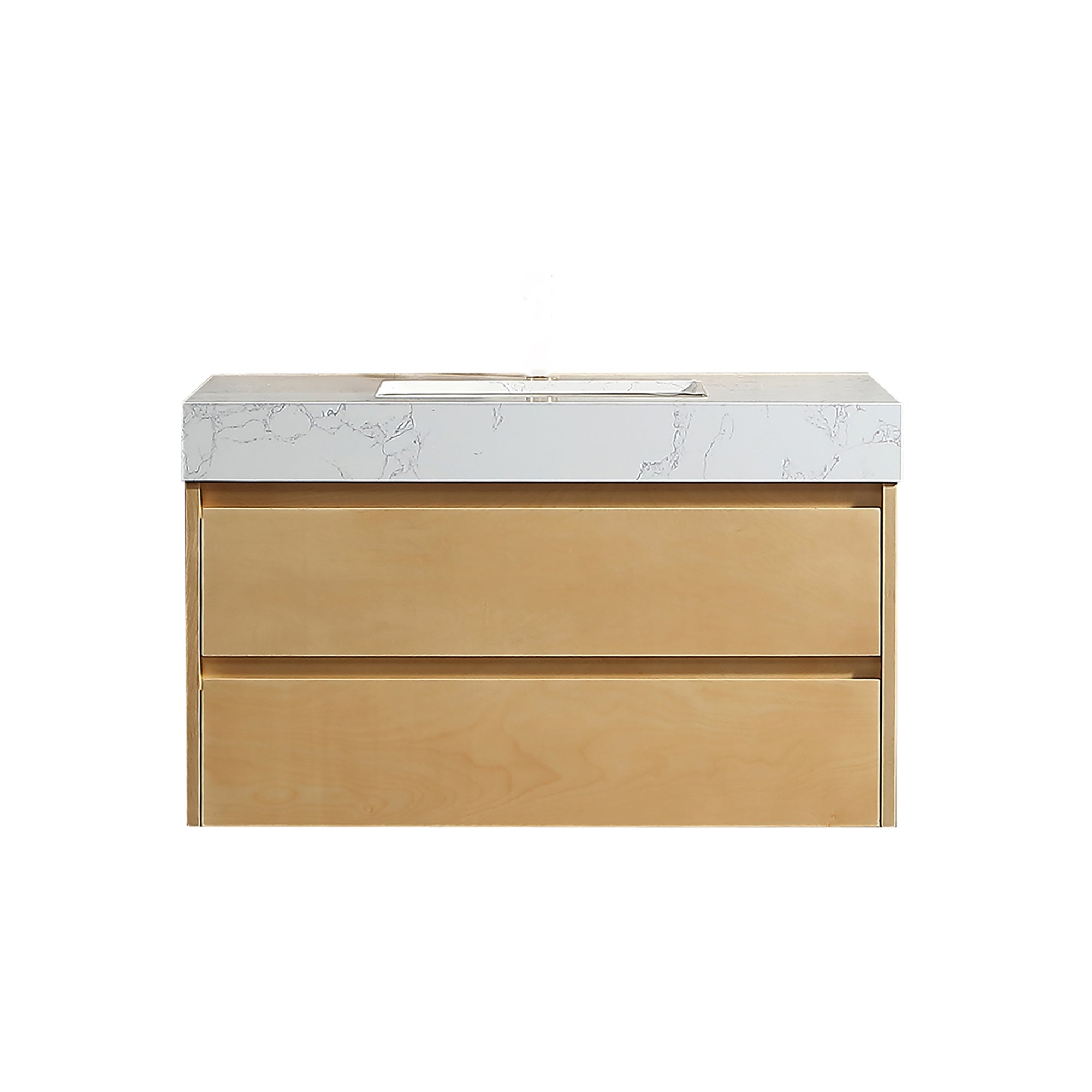 36 Inch Solid Wood Wall-Mounted Bathroom Vanity Set in Maple with Engineered Stone and Ceramic Sink
