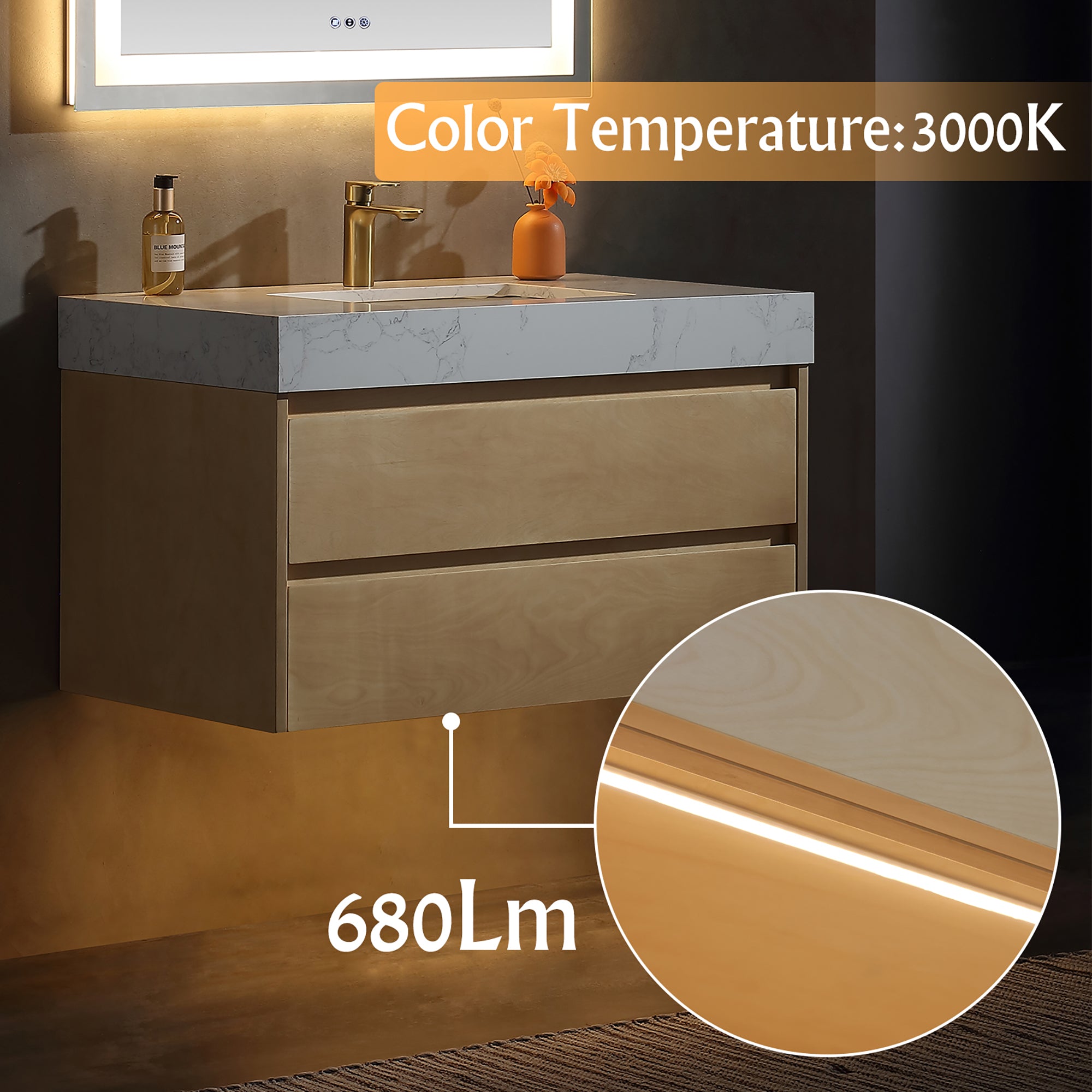 36 Inch Solid Wood Wall-Mounted Bathroom Vanity Set in Maple with Engineered Stone and Ceramic Sink