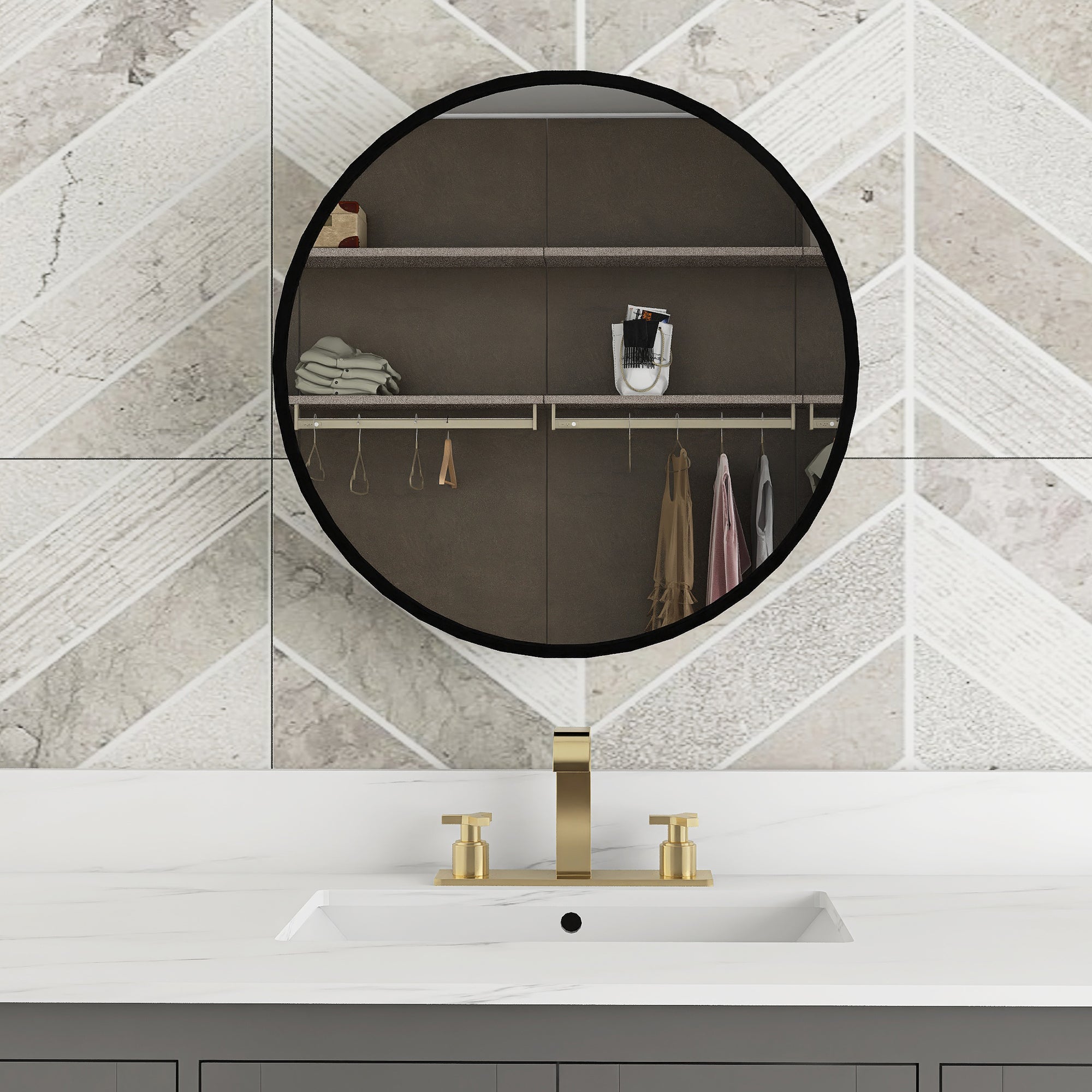 Staykiwi Medicine Cabinet Round 24 x 24 Inch, Wall Mount Bathroom Cabinet with Mirror, Circular Black Metal Framed Bath Storage Cabinet Surface Mounted