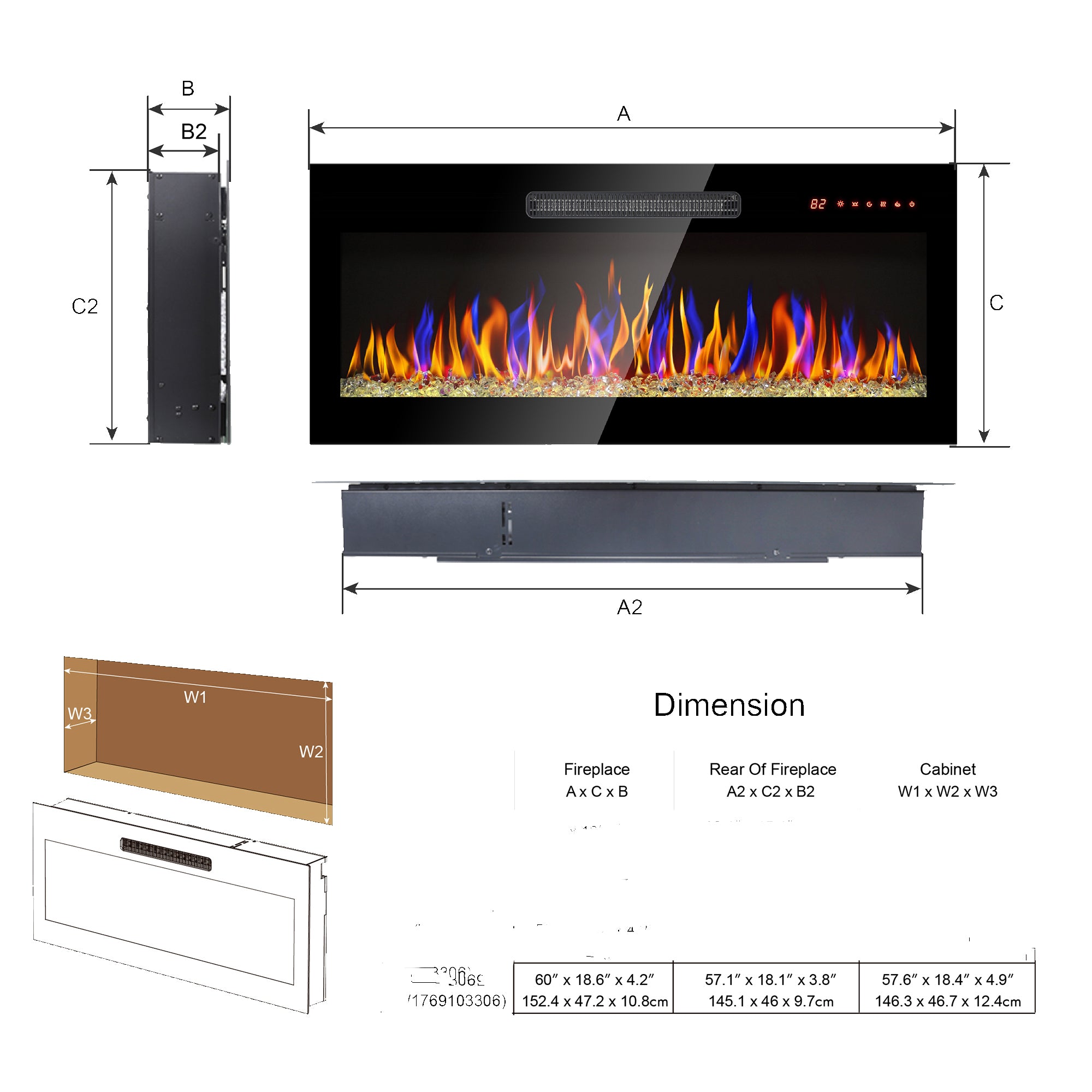 Wall-mounted/Recessed Tempered Glass Electric Fireplace in Antique Black with Remote, Multi-Color Flame, and LED Light