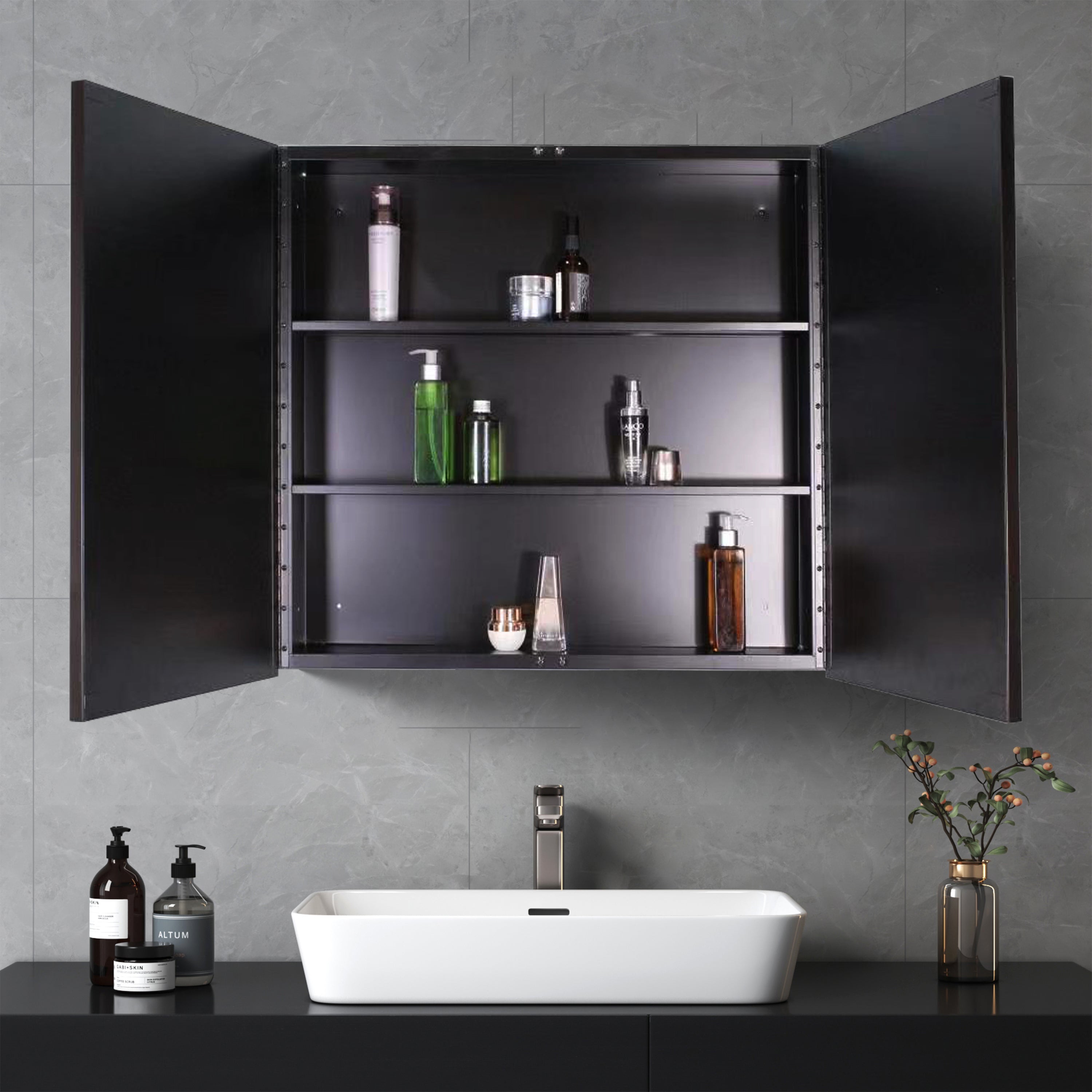 30 in. W x 26 in. H Black Framed Wall Mounted or Recessed Bathroom Medicine Cabinet with Mirror