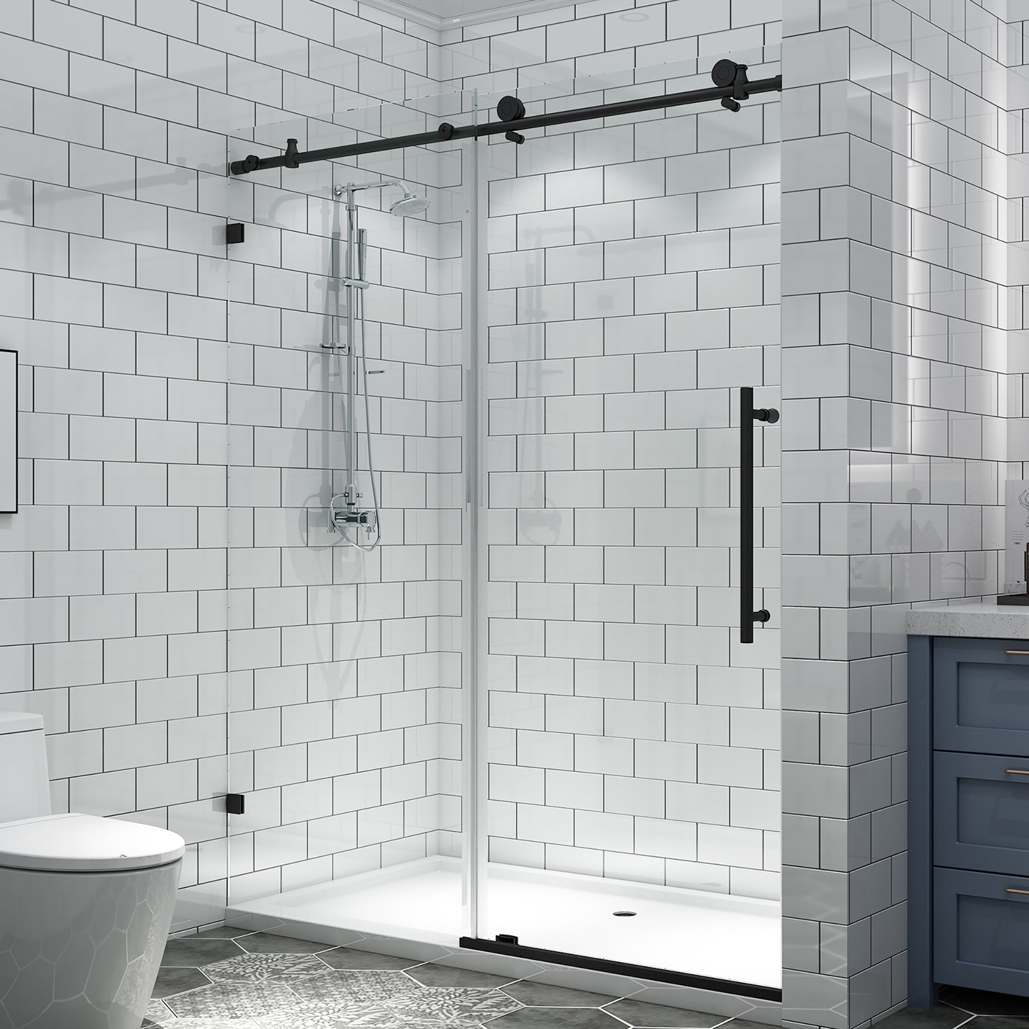 34 in. W X 72 in. H Semi-Frameless Pivot Shower Door in Matte Black with Clear Glass