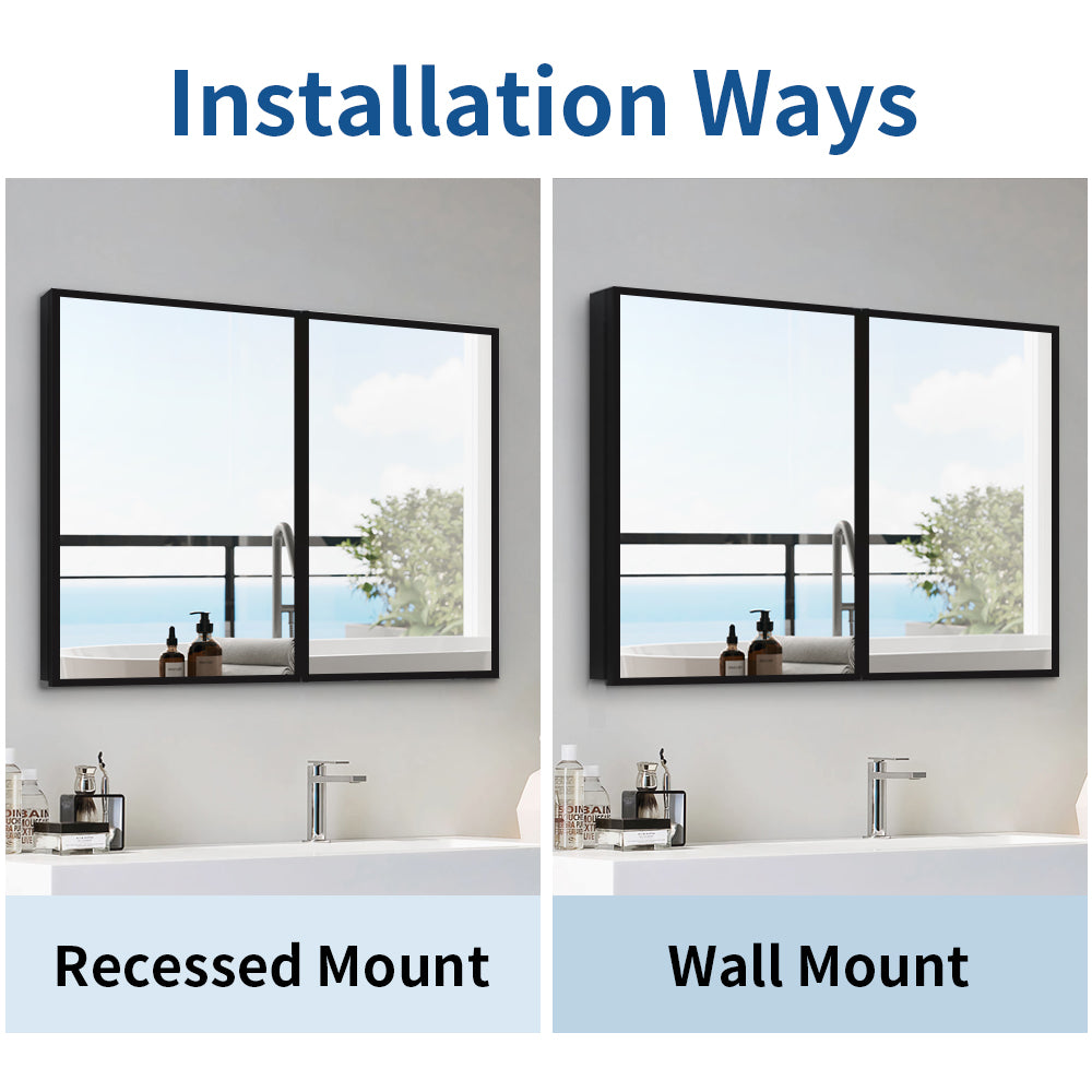 30 in. W x 26 in. H Black Framed Wall Mounted or Recessed Bathroom Medicine Cabinet with Mirror